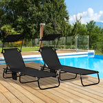 2 Folding Sun Loungers W/ Sunshade - Black