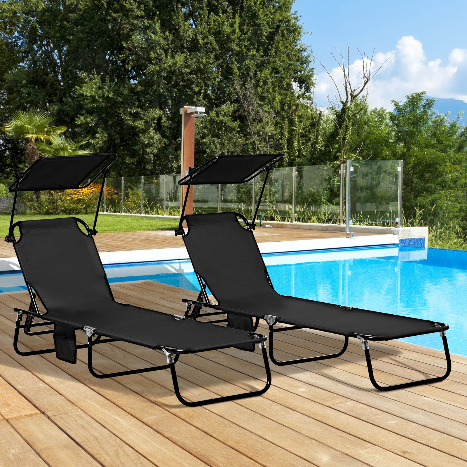2 Folding Sun Loungers W/ Sunshade - Black