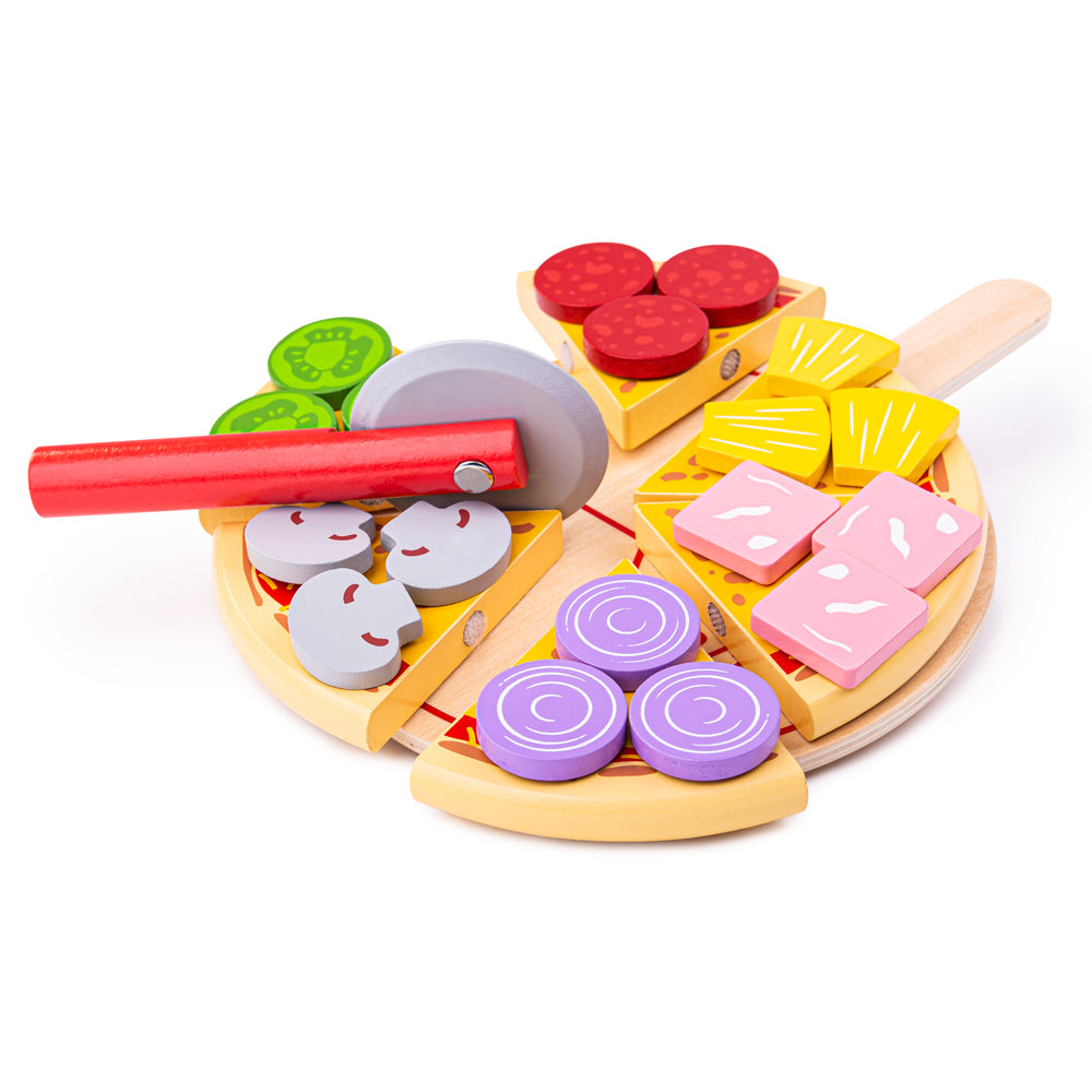 Wooden Pizza Cutting Set, With 6 Different Toppings