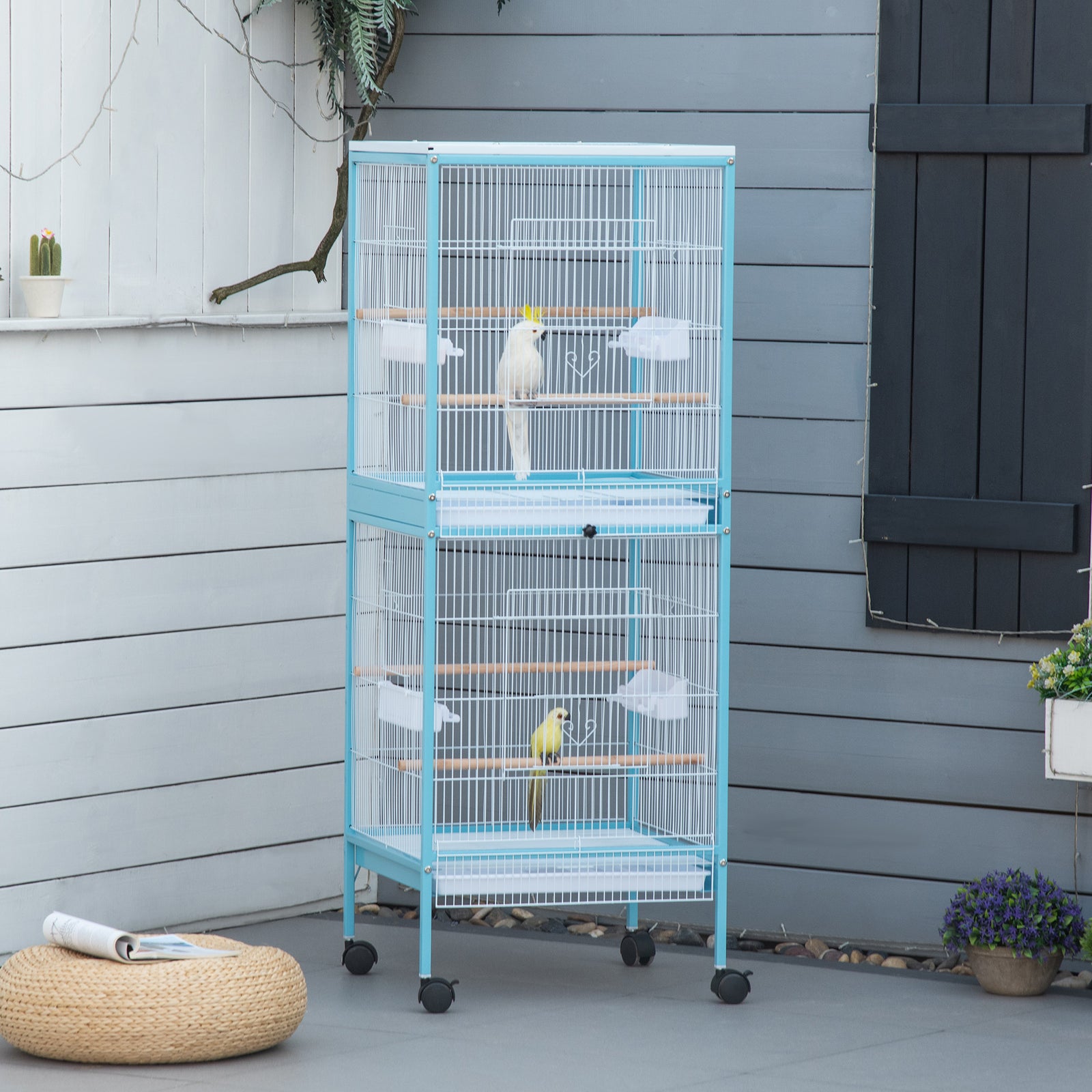 2 In 1 Large Bird Cage Aviary With Wheels, Slide-out Trays Wood Perches