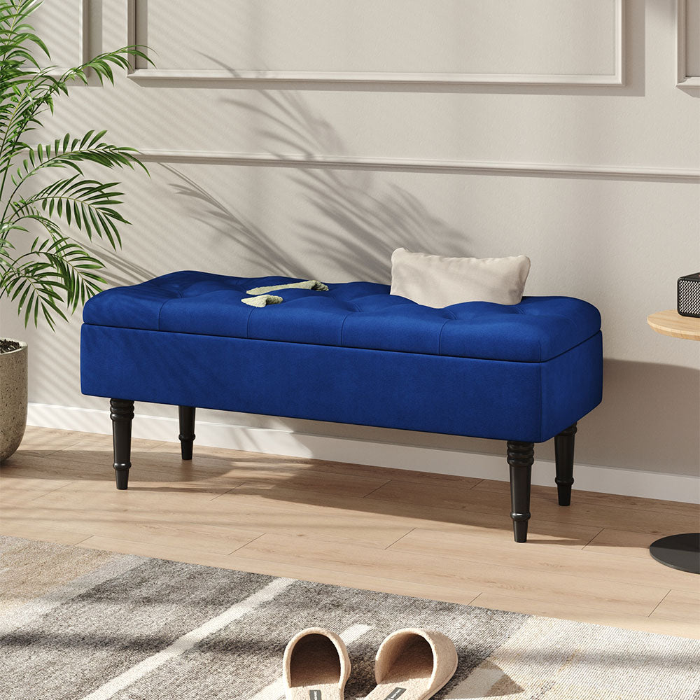 Velvet Upholstered Storage Bench With Button-tufted Seat And Rubberwood Legs | Royal Blue