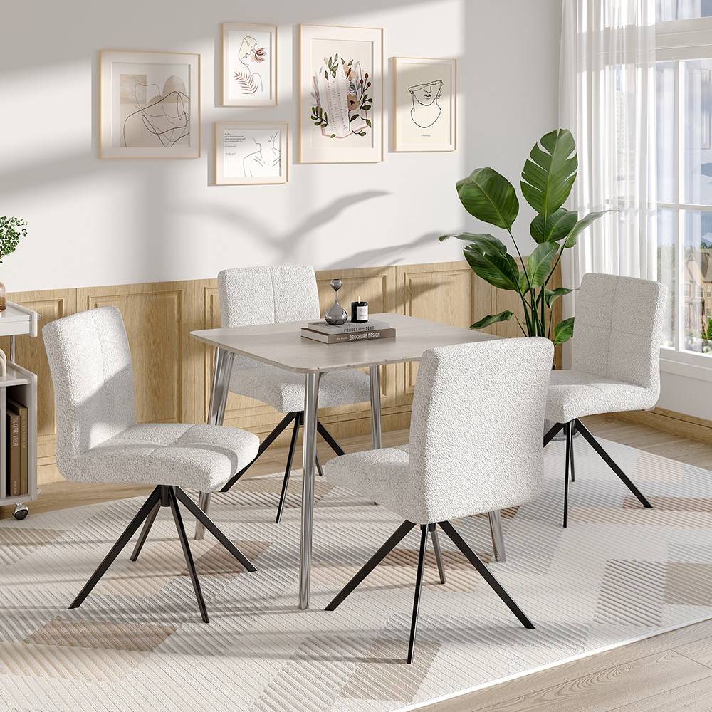 Set Of 2 Teddy Fleece Bar Stools With High Back And Black Metal Legs – Modern Armless Breakfast Chairs | White