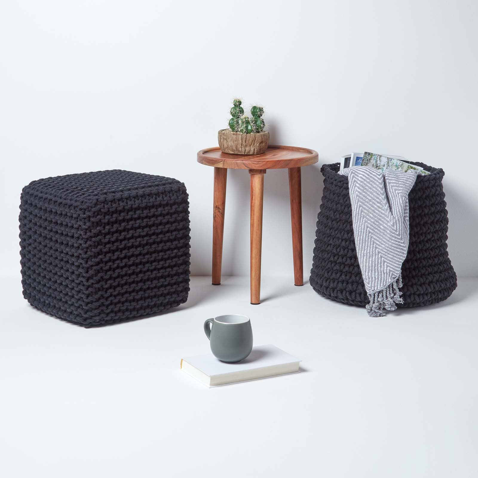 HOMESCAPES Black Cube Cotton Knitted Pouffe Footstool