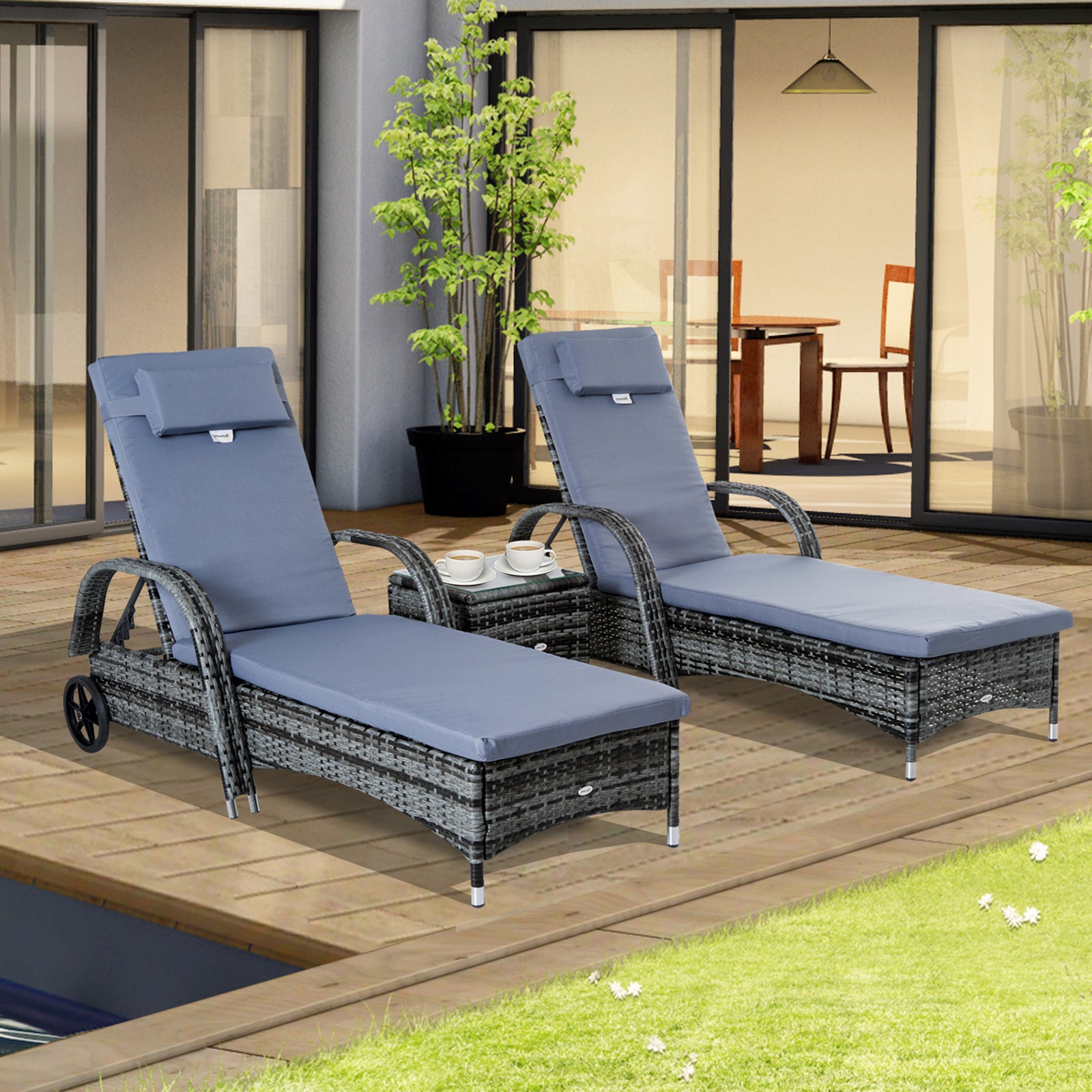 Rattan Sun Lounger Set With Side Table And Cushion