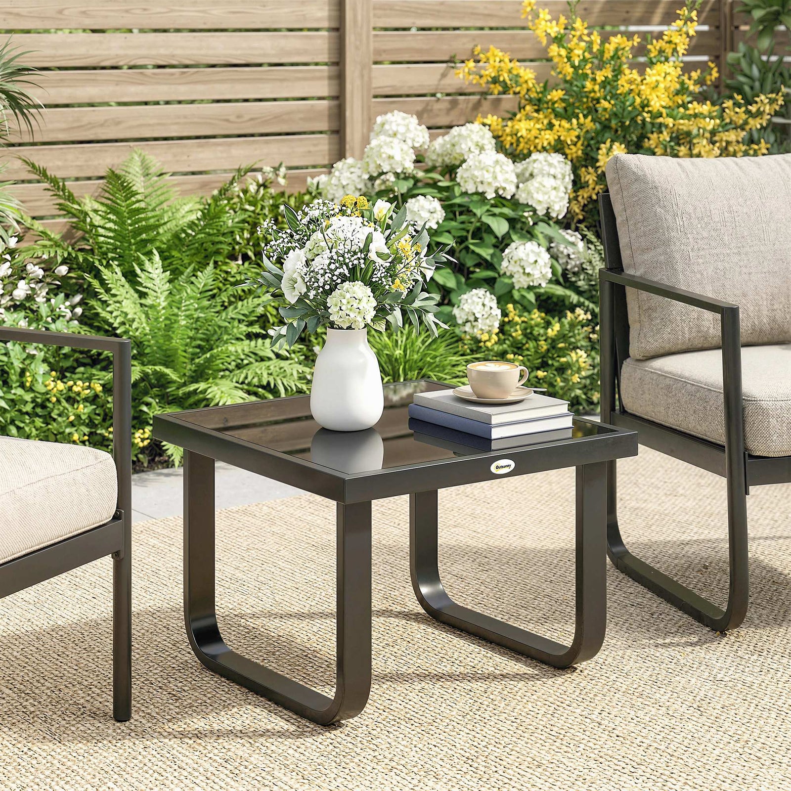 Garden Coffee Table Outdoor Side Table With Glass Top | Small | Black
