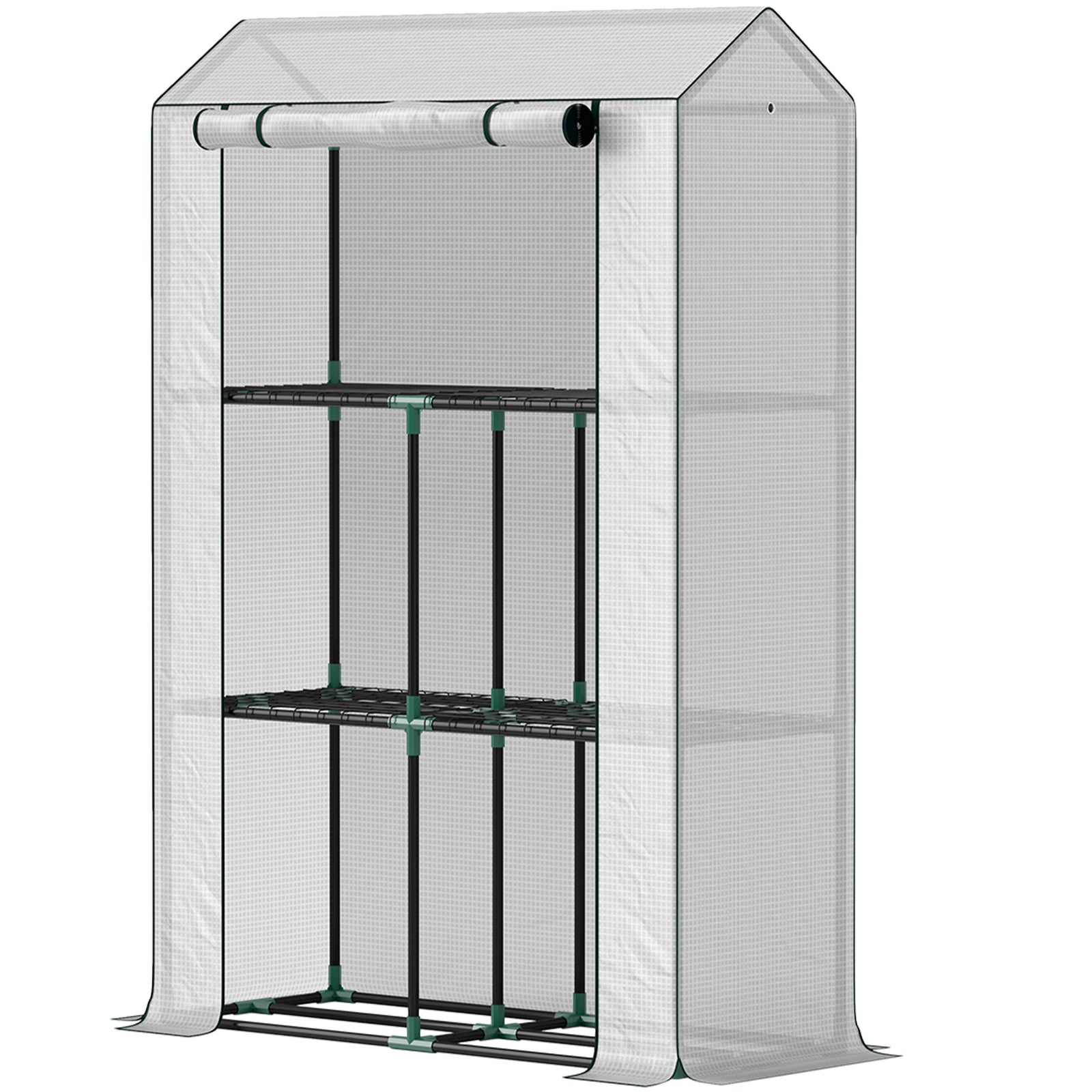 3 Tier Mini Greenhouse W/ Pe Cover, Roll-up Door | White