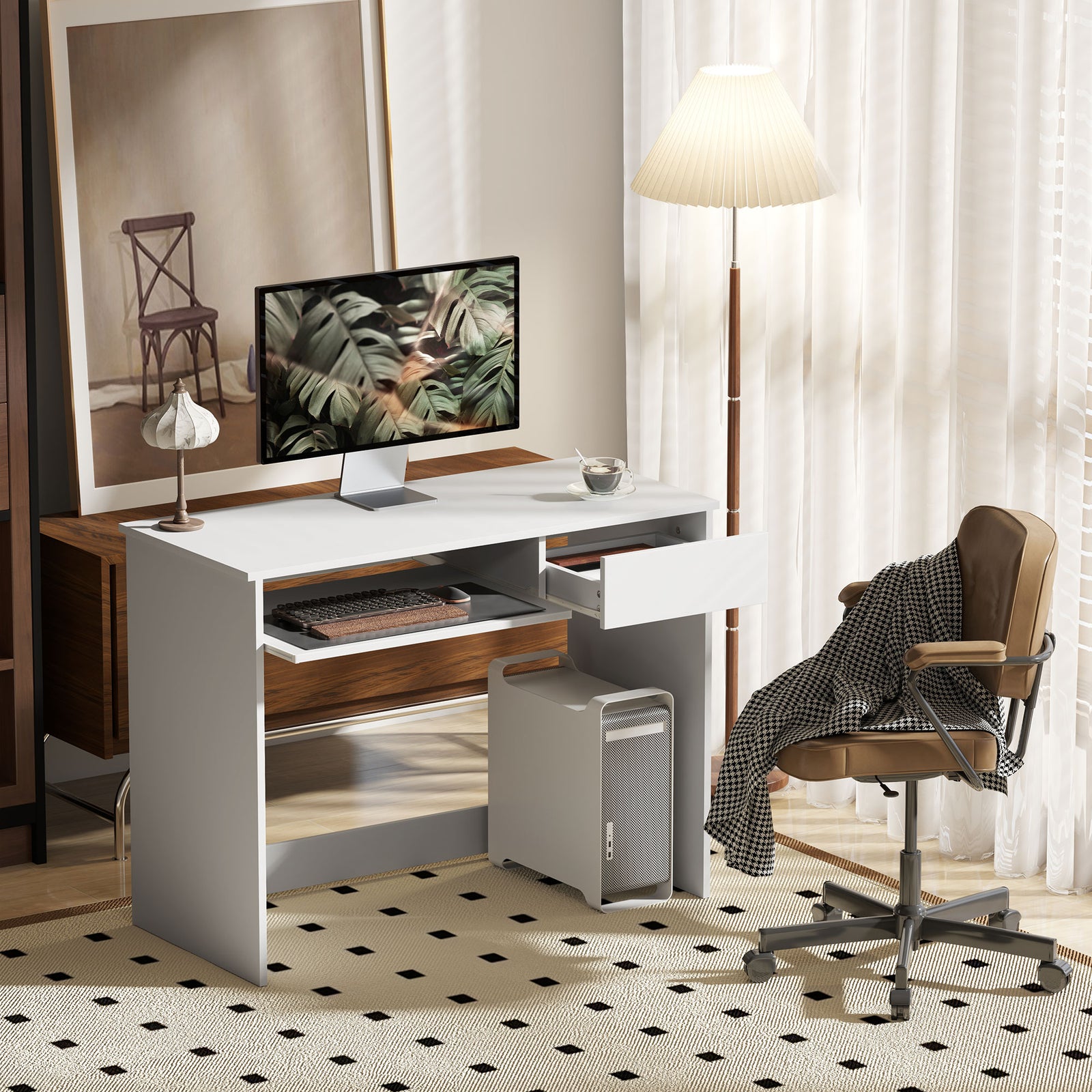 Compact Computer Table With Keyboard Tray And Drawer | White