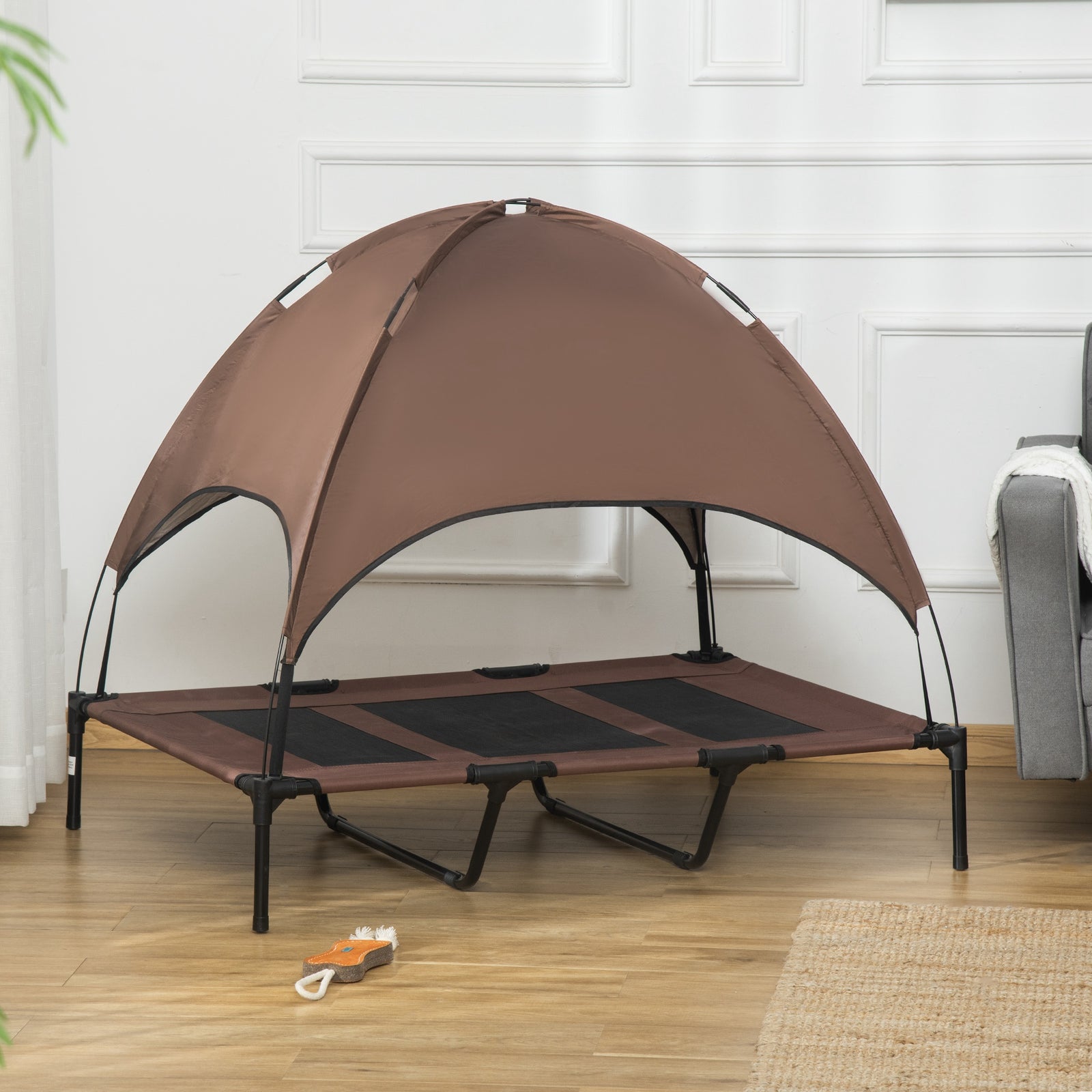 Pawhut 122cm Elevated Dog Bed Cooling Raised Pet Cot Uv Protection Canopy | Brown