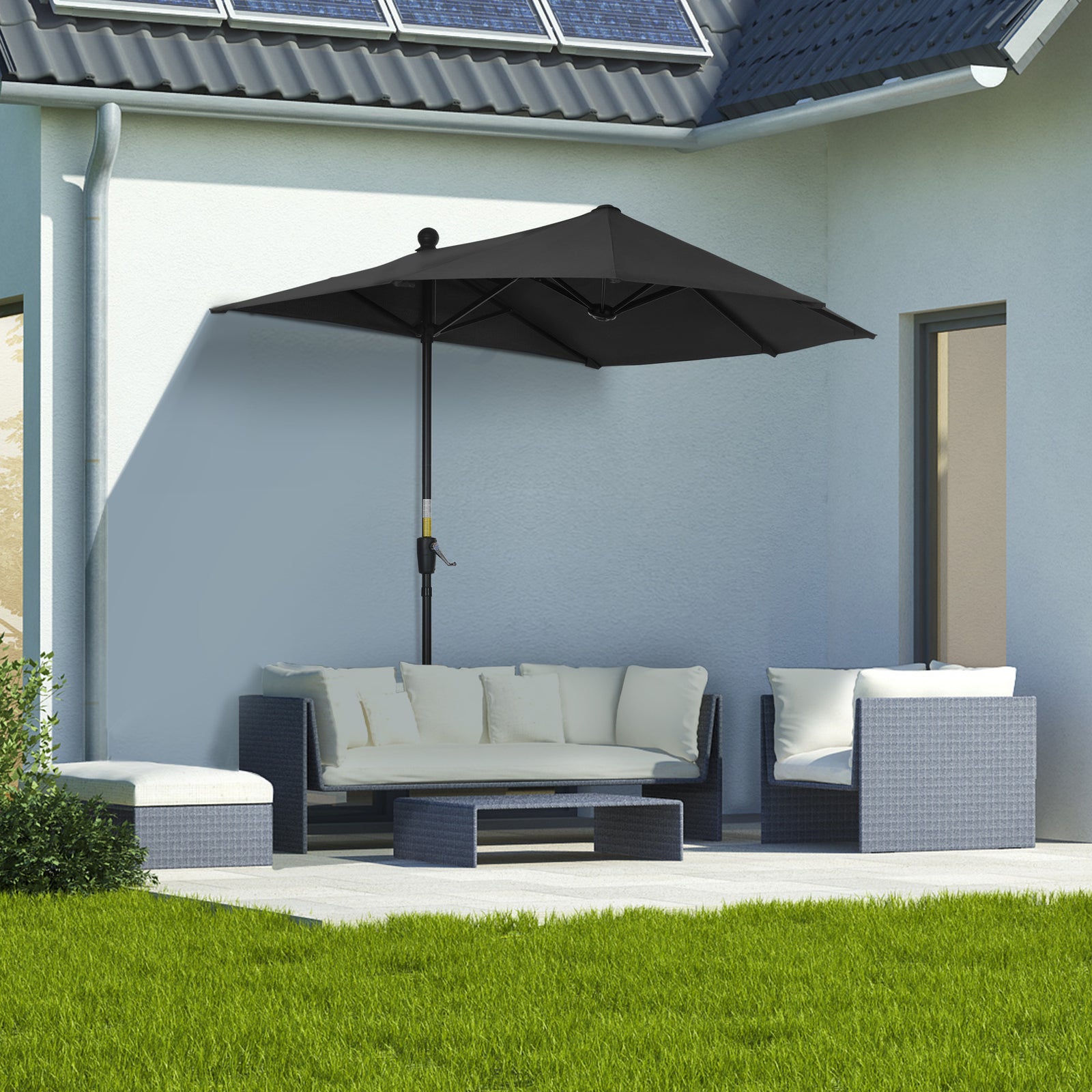 2m Half Balcony Parasol W/ Double Canopy & Base | Black