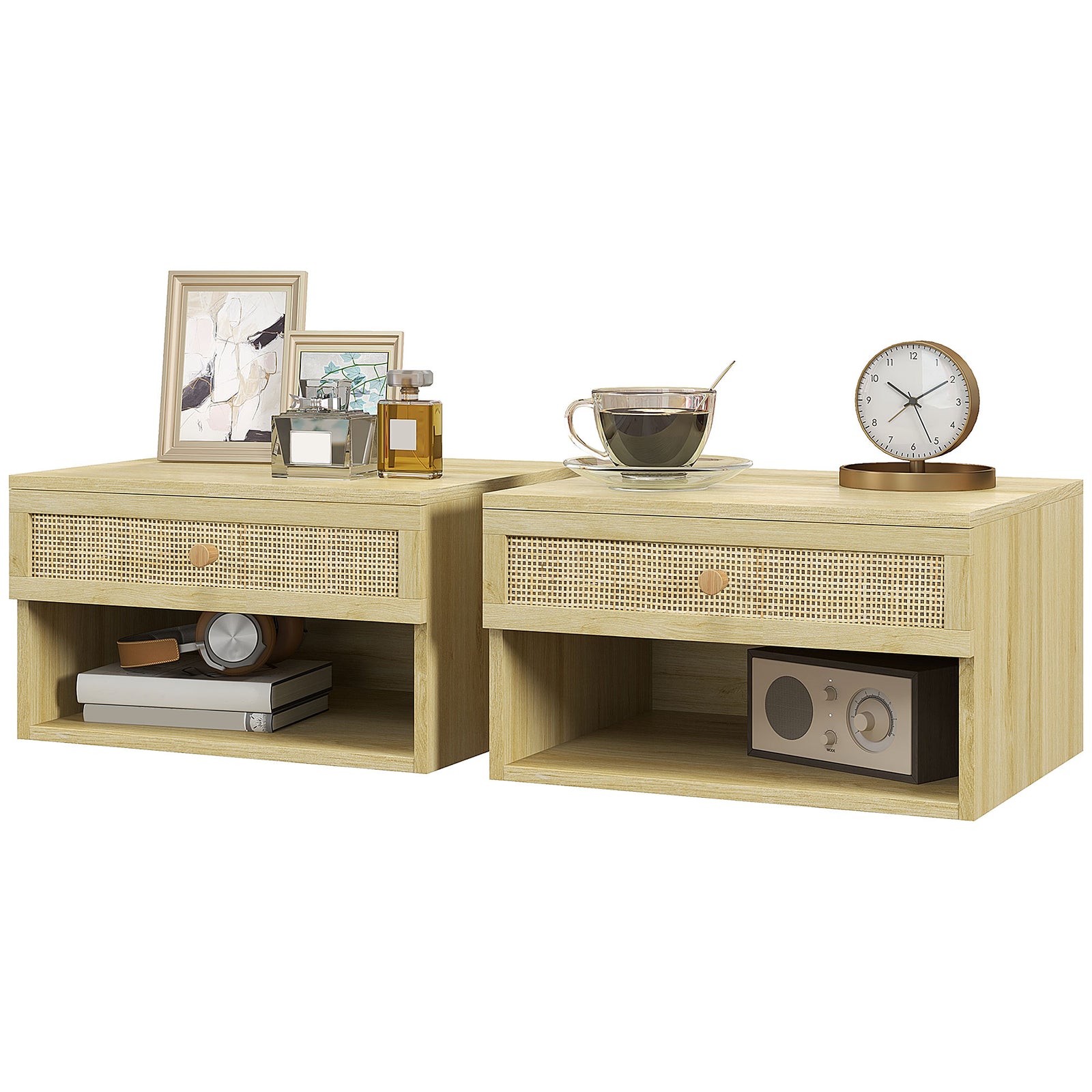 Floating Nightstands Set Of 2 With Rattan Drawer