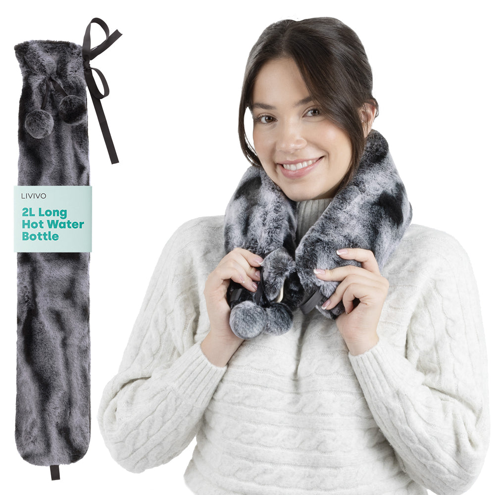 Livivo Grey Extra Long 2l Hot Water Bottle With Soft Washable Faux Fur Cover