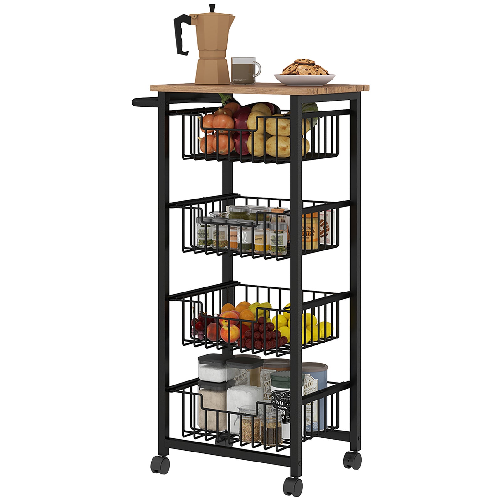 4-tier Kitchen Island On Wheels With 4 Pull-out Baskets, Oak