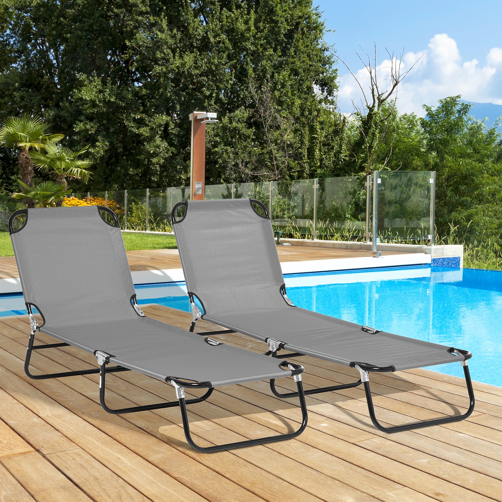Folding Sun Loungers Set Of 2 With Adjustable Backrest | Dark Gray