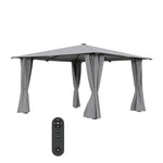 4m X 4m Outdoor Metal Gazebo With Pa-coated Canopy, Side Curtains & Solar Led Lights With Remote Patio Shelter | Light Grey