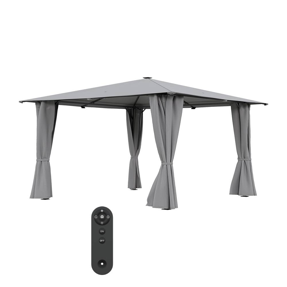 4m X 4m Outdoor Metal Gazebo With Pa-coated Canopy, Side Curtains & Solar Led Lights With Remote Patio Shelter | Light Grey