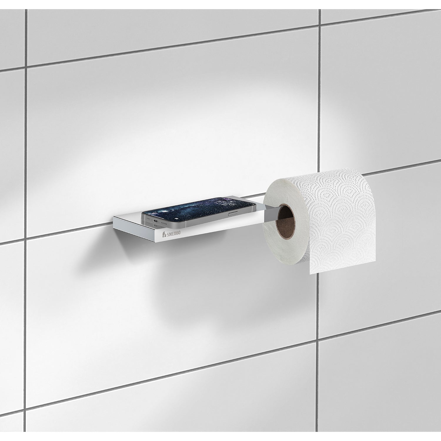 Wall Mounted Toilet Roll Holder With Small Shelf Storage | Polished Chrome