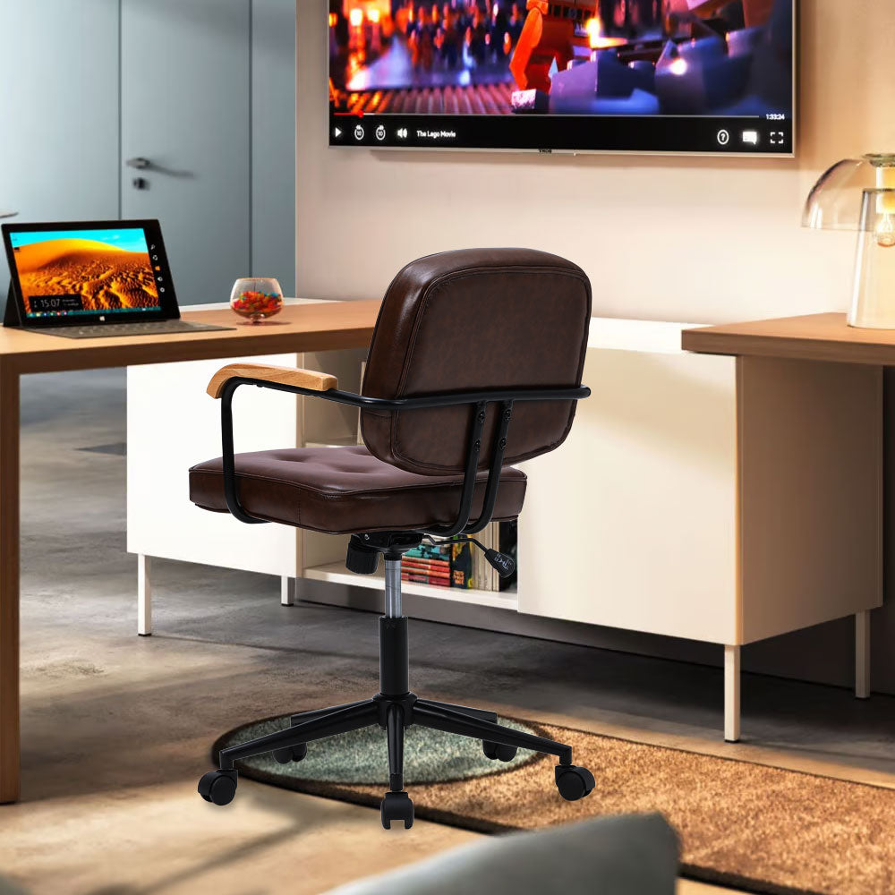 Ergonomic Leather Office Chair with Wood Armrests - Brown