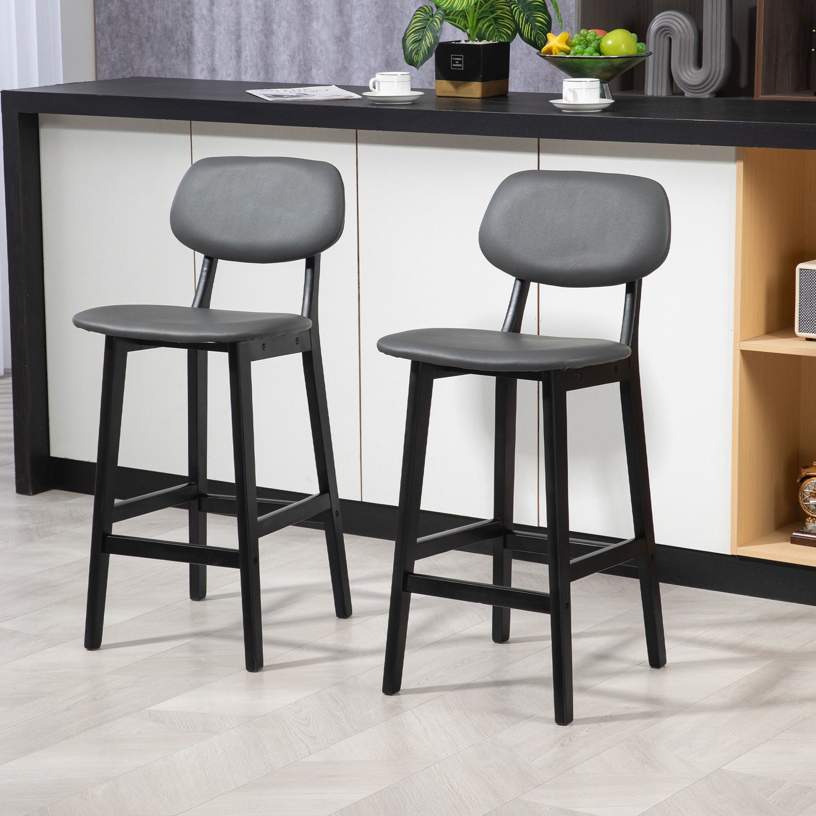 Breakfast Bar Stools Set W/ Pu Leather Wood | Dark Gray