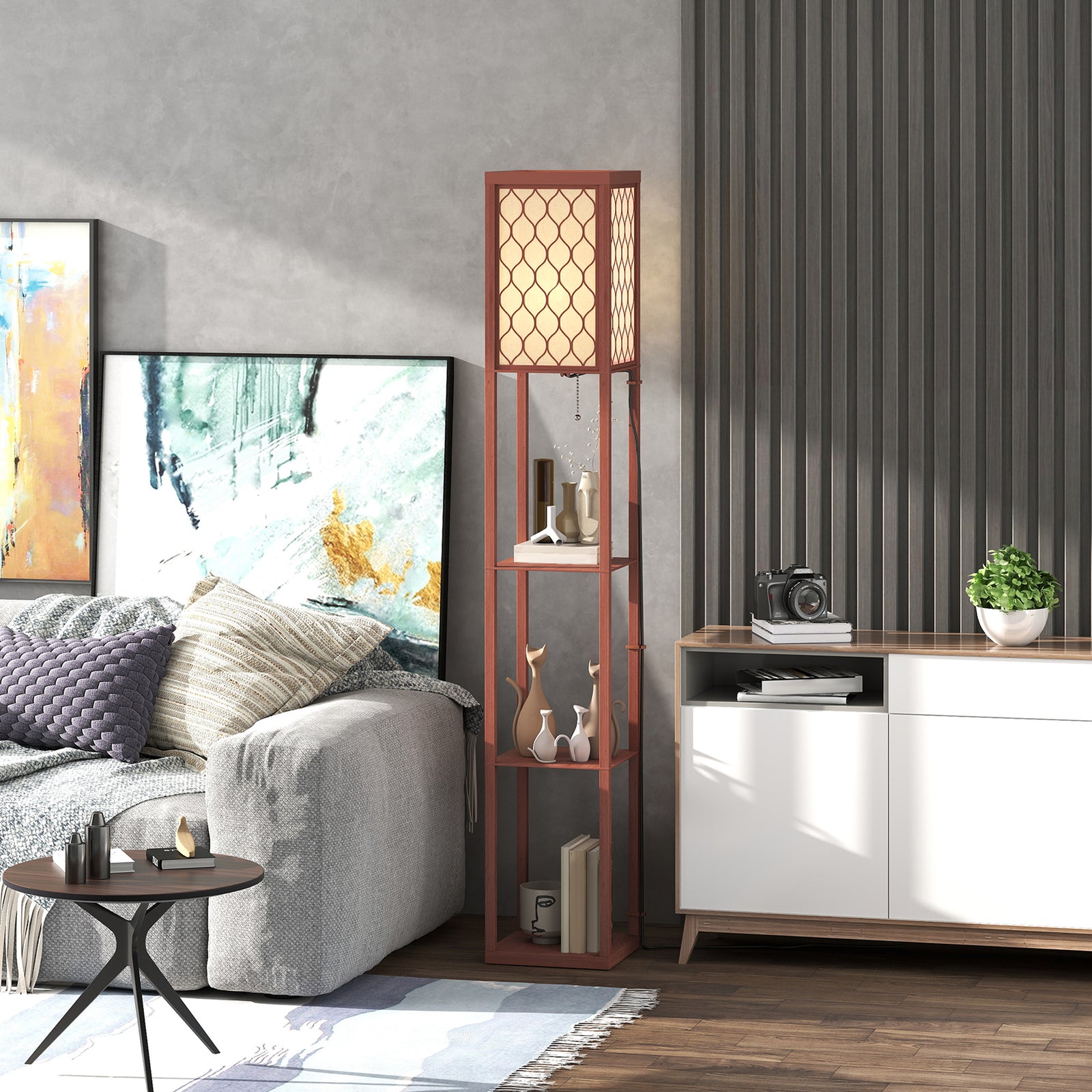Modern Floor Lamp Light With 3 Shelves Fabric Lampshade | Brown