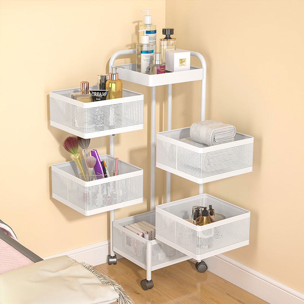 5-tier Rotating Kitchen Storage Cart Square White Organizer Shelf Trolley With Wheels
