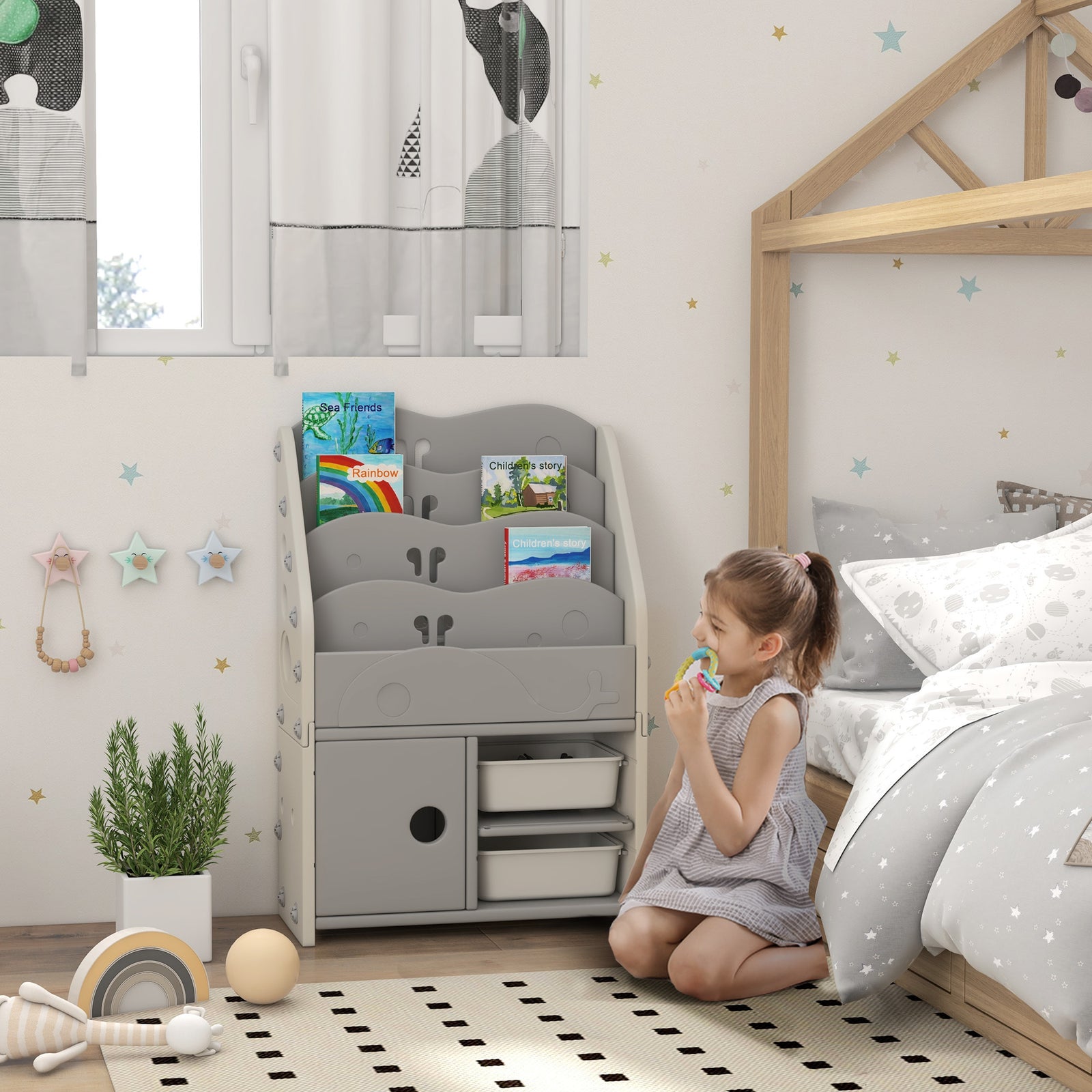 Kids Storage Units With 2 Storage Boxes, 67 X 29 X 98cm, Light Grey