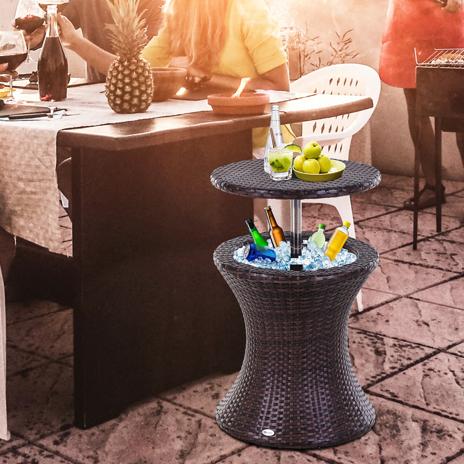 Outsunny Pe Rattan Ice Bucket Table, Outdoor Liftable Beer Cooler