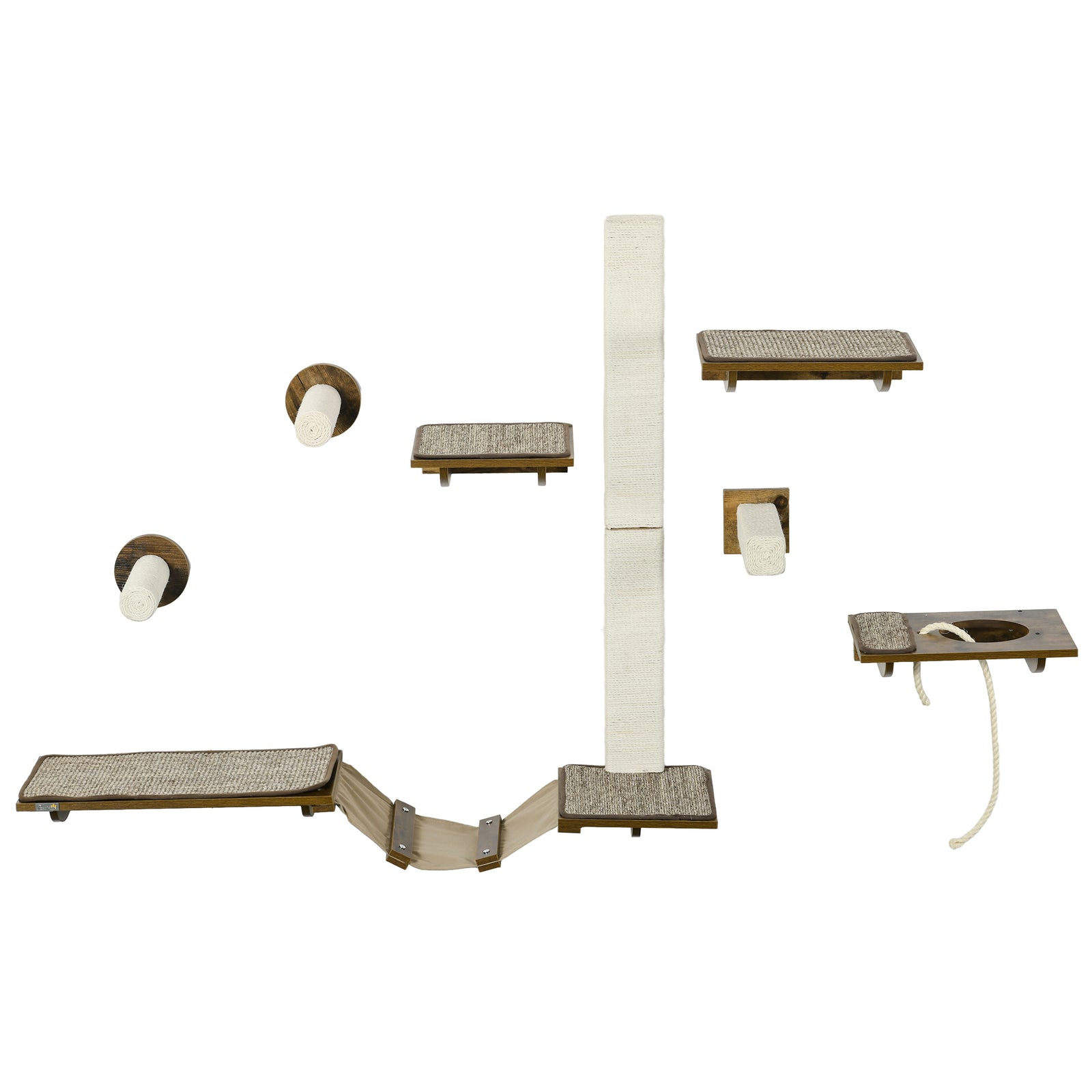 8pcs Wall Mounted Cat Shelves W/ Posts, Perches, Ladder - Brown
