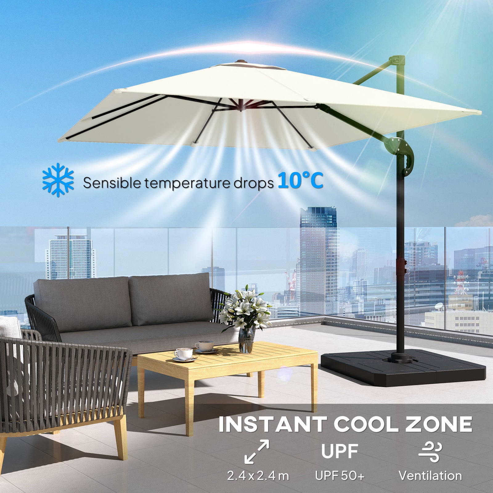 2.4 X 2.4 M Cantilever Parasol W/ Umbrella Weights | Cream