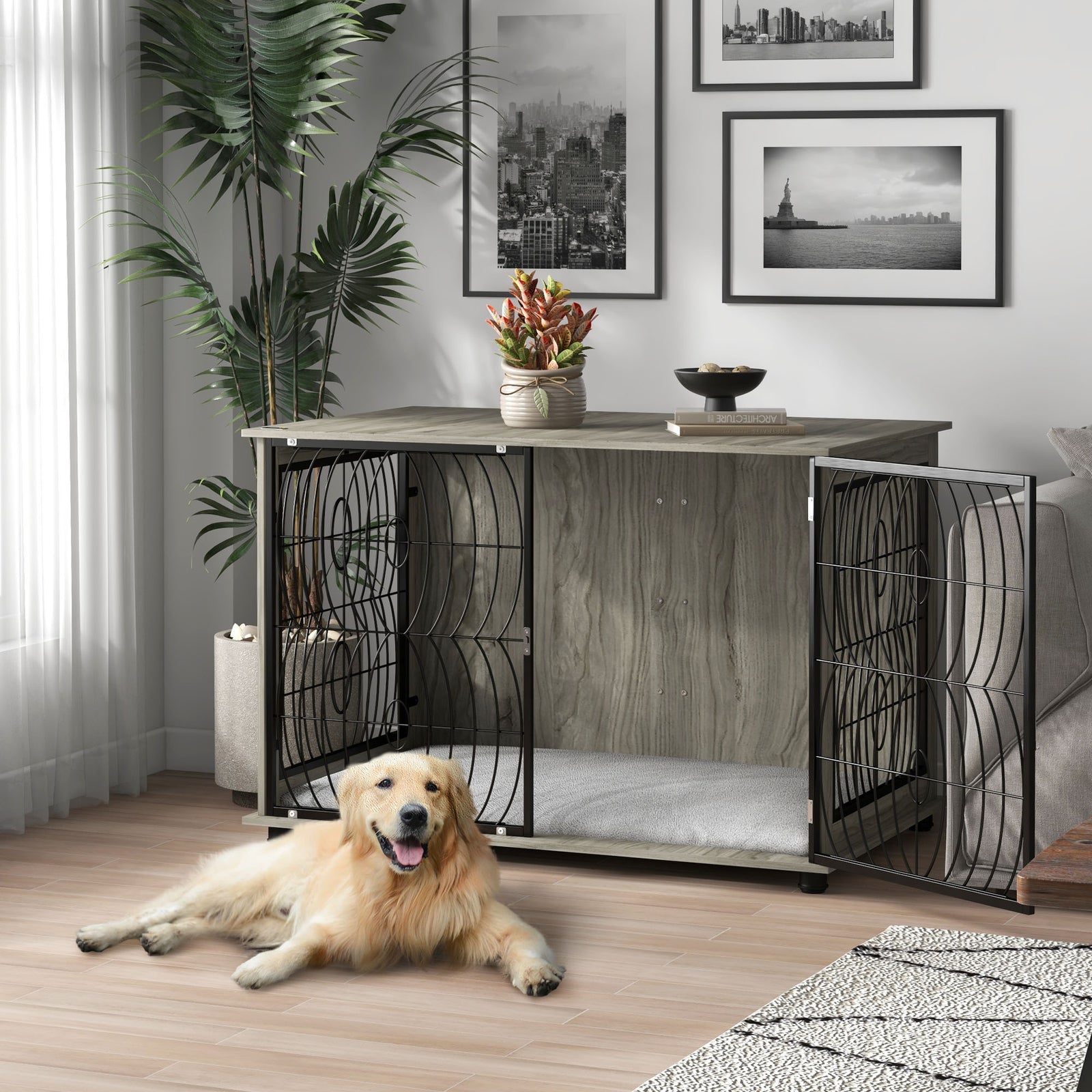 Dog Crate Table W/ Lockable Door, Plush Cushion