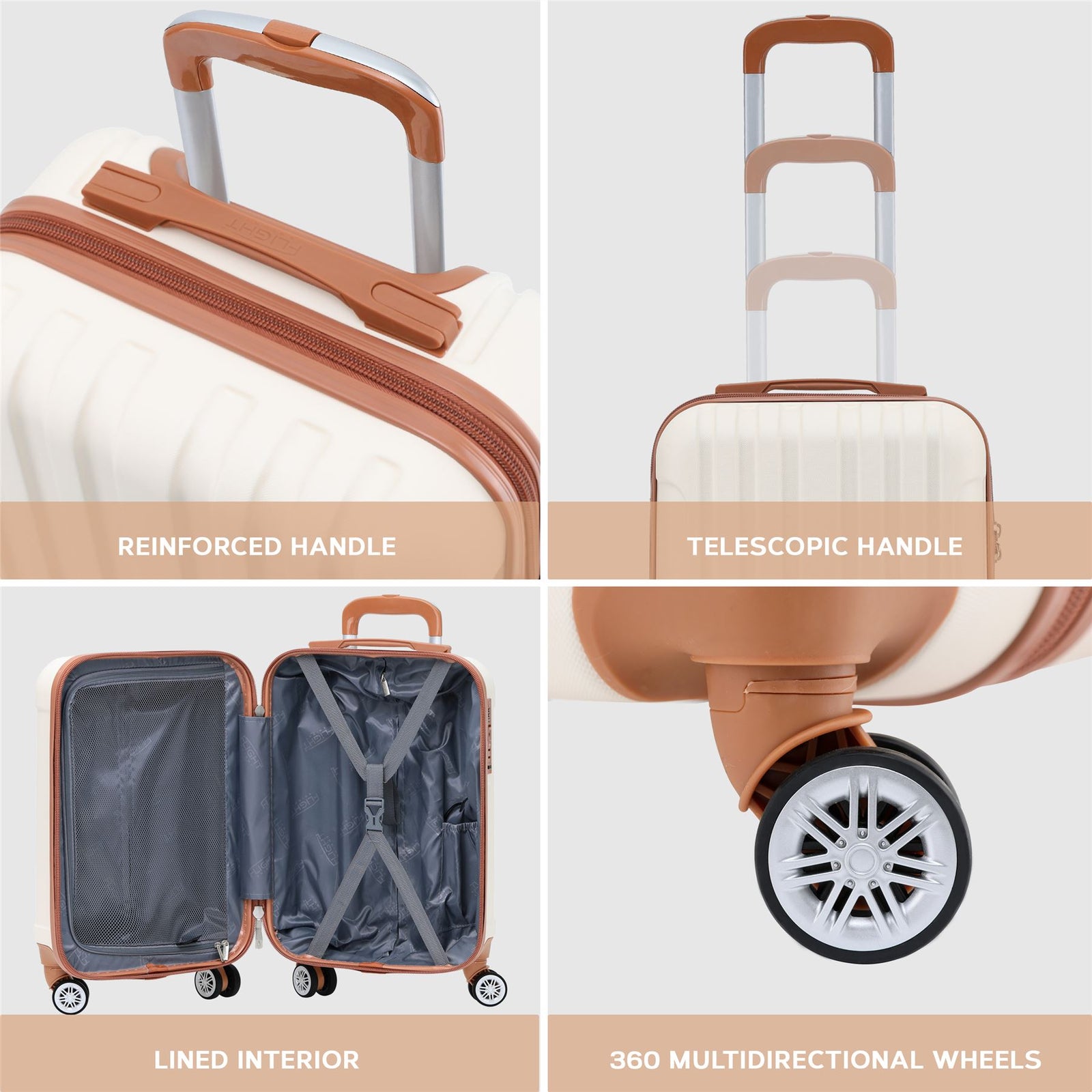 Set Of 3 Hard Shell Suitcases Overhead Carry On Cabin Bag & Check In 20kg+ Medium And Large Bag. | Set-of-3 | Cream