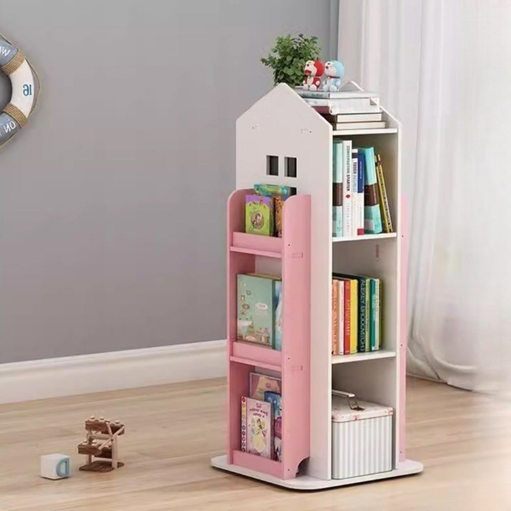 360°rotating Kids' Bookshelf Wooden House Frame Book Storage Organizer For Children | Pink