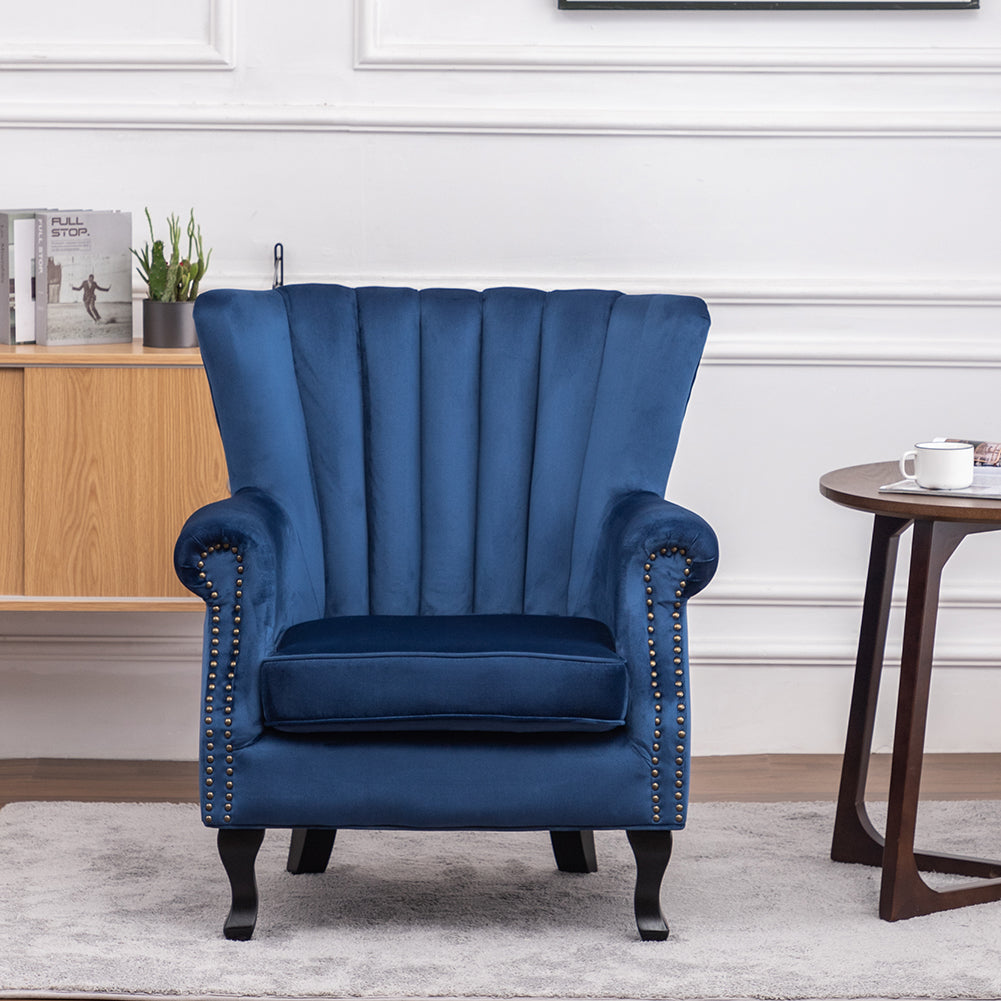 Vintage Old-fashion Velvet Wing Back Armchair With Studs | Dark Blue