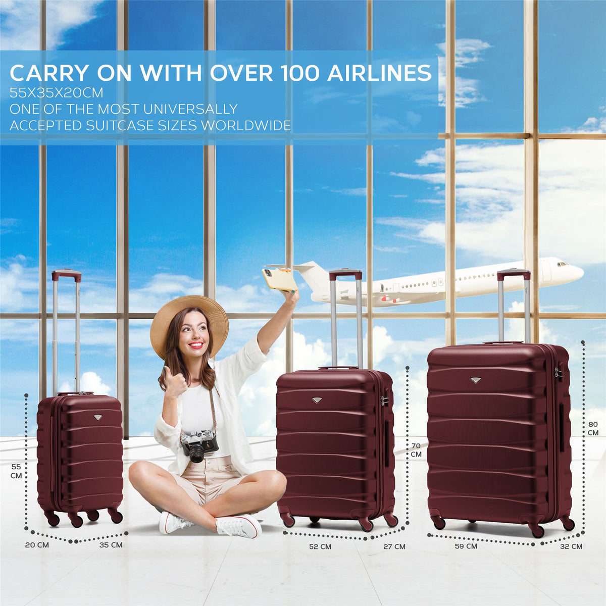 Set Of 3 Hard Shell Suitcase Cabin & Check In Cases With Tsa Lock - Overhead Cabin With Medium & Large Check-in Bag | Set of 3 | Burgundy