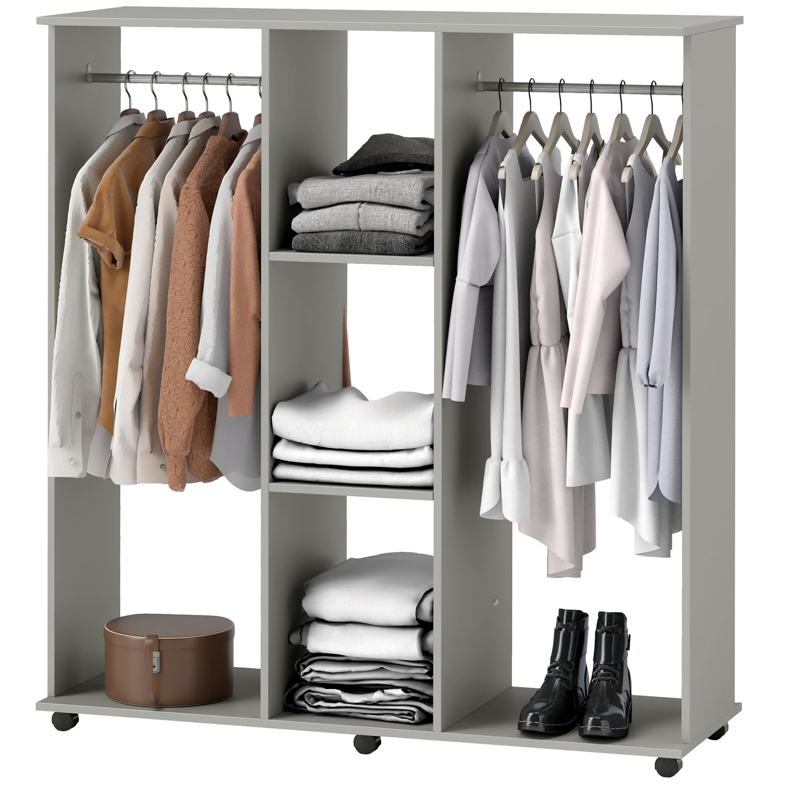 Mobile Double Open Wardrobe W/ Clothes Hanging Rail Colthing | One Size
