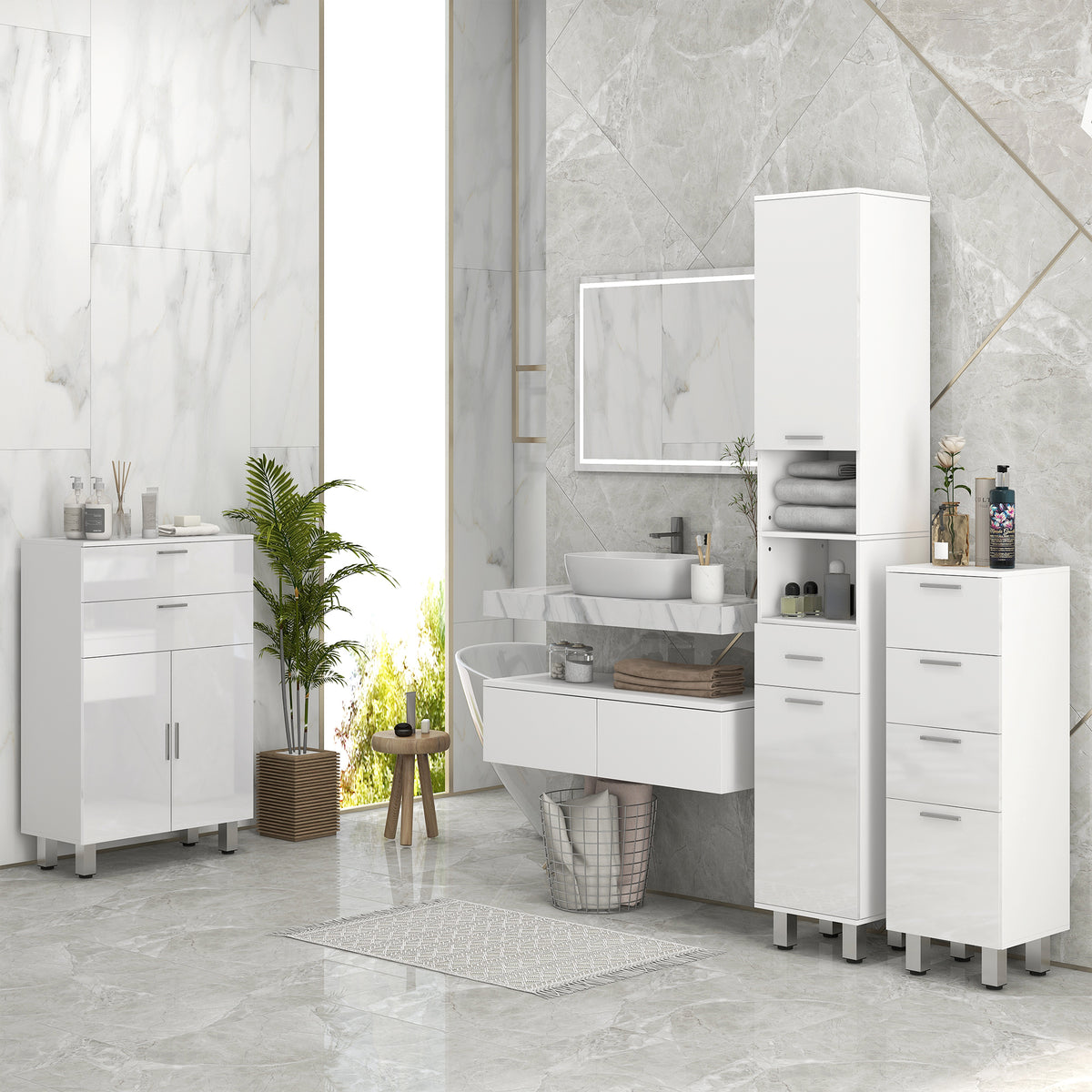 kleankin Tall Narrow Bathroom Storage Cabinet Cupboard W/ Cabinets, White