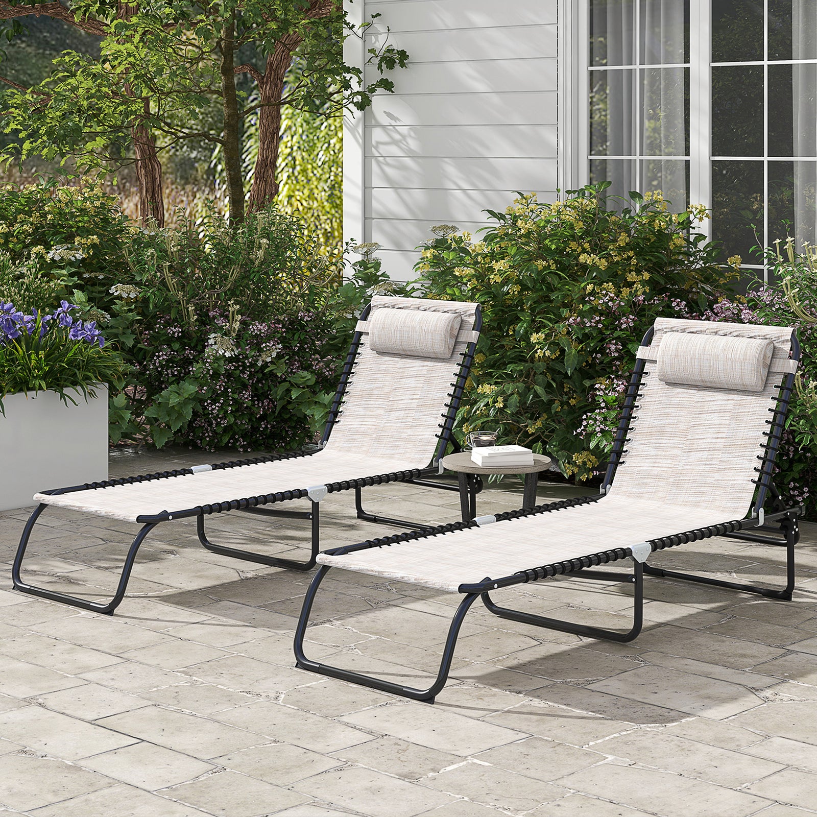 2 Pcs Beach Chaise Lounge 4 Adjustable Positions | Set of 2 | Cream