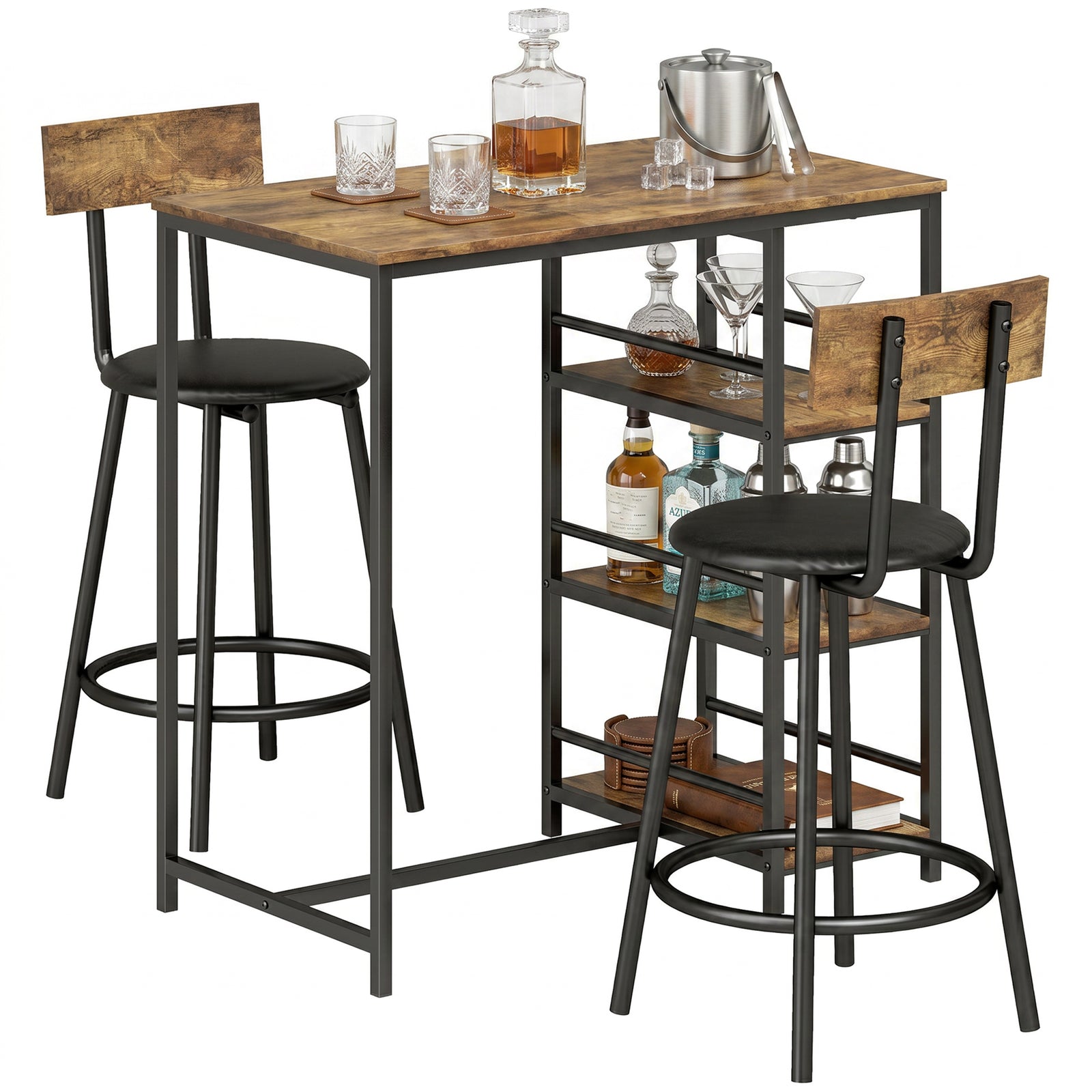 HOMCOM Space Saving Bar Table And Pu Leather Stools For 2, Rustic Brown