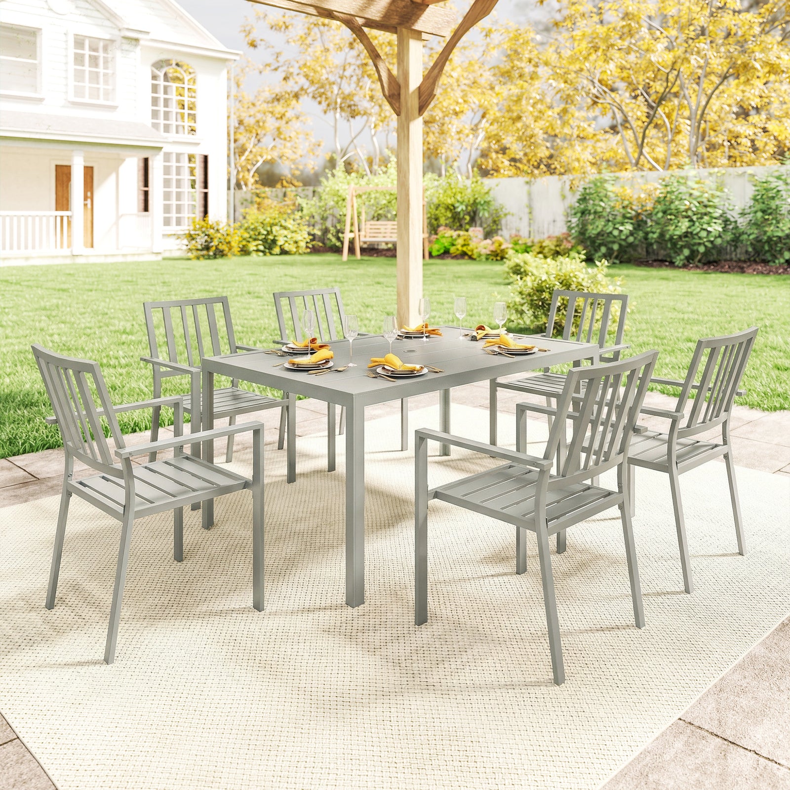 7 Pieces Garden Furniture Set With Stackable Chairs | Light Grey