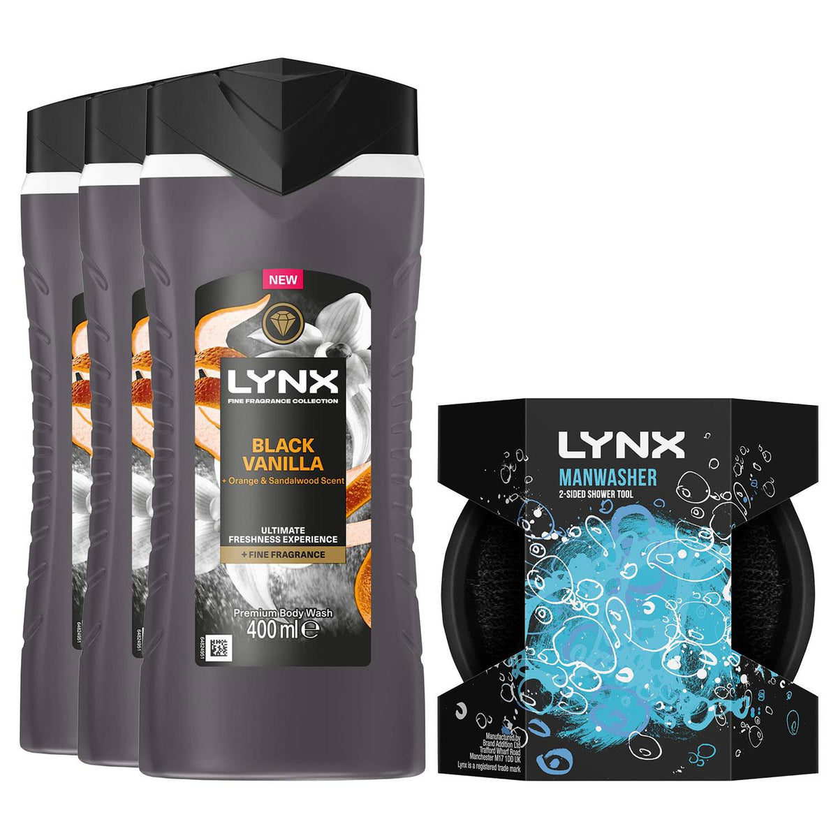 Black Vanilla Bodywash 400ml With 2-sided Manwasher Shower Tool For Men | Set of 3
