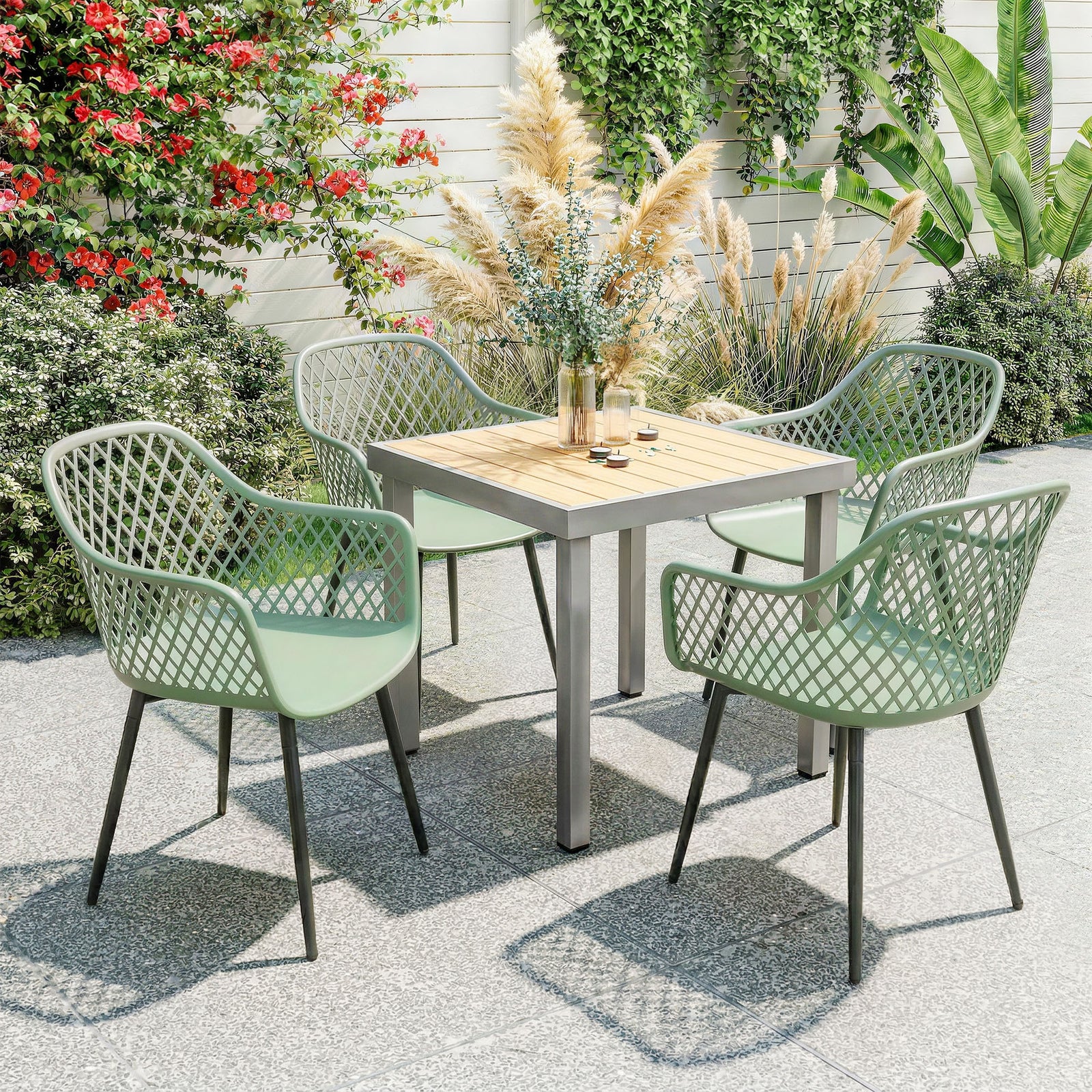 Garden Chairs Set, Garden Dining Chairs With Armrests | Set-of-4 | Green