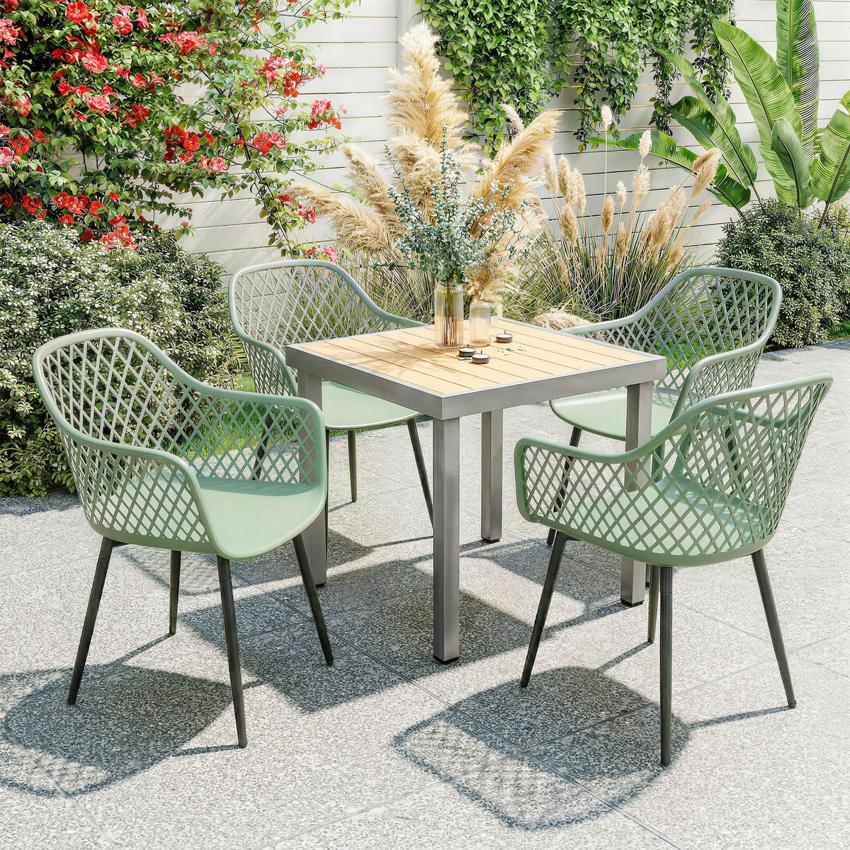 Garden Chairs Set, Garden Dining Chairs With Armrests | Set of 4 | Green