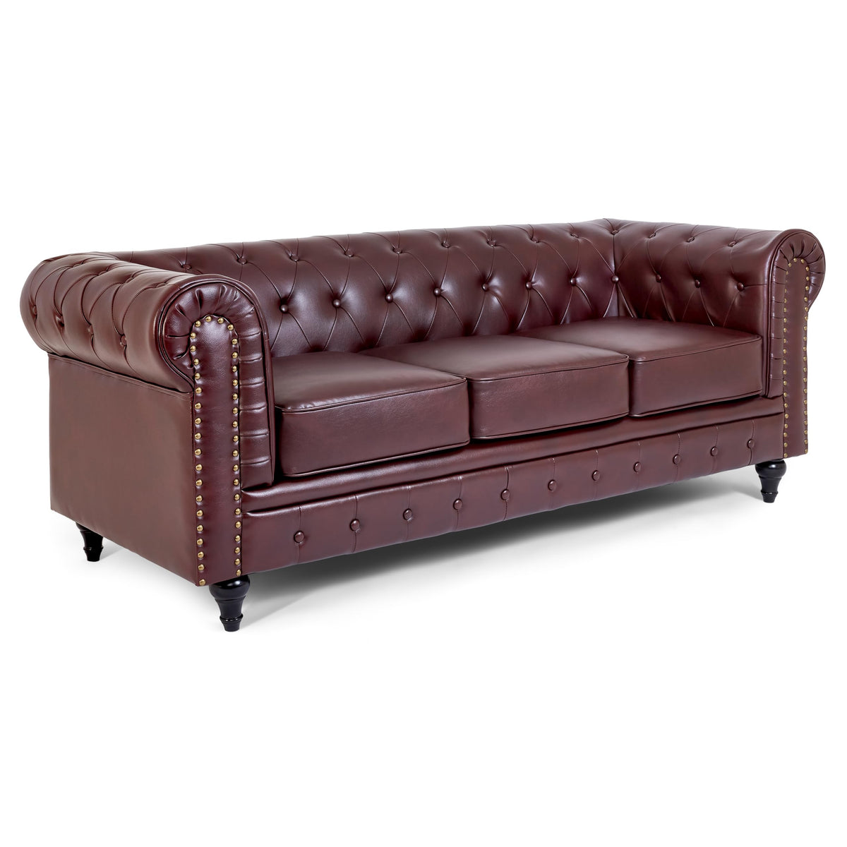 Chesterfield Scroll Arm Faux Leather Sofa 3 Seater | Brown