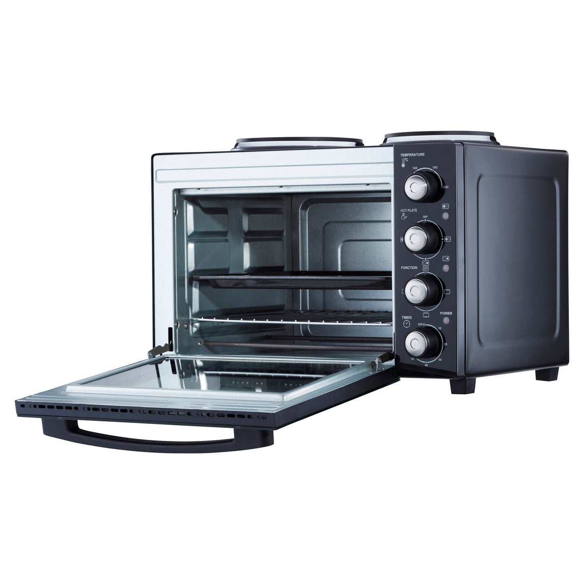 34l Mini Oven With 2 Hobs - Electric Countertop Cooker | Black & Silver