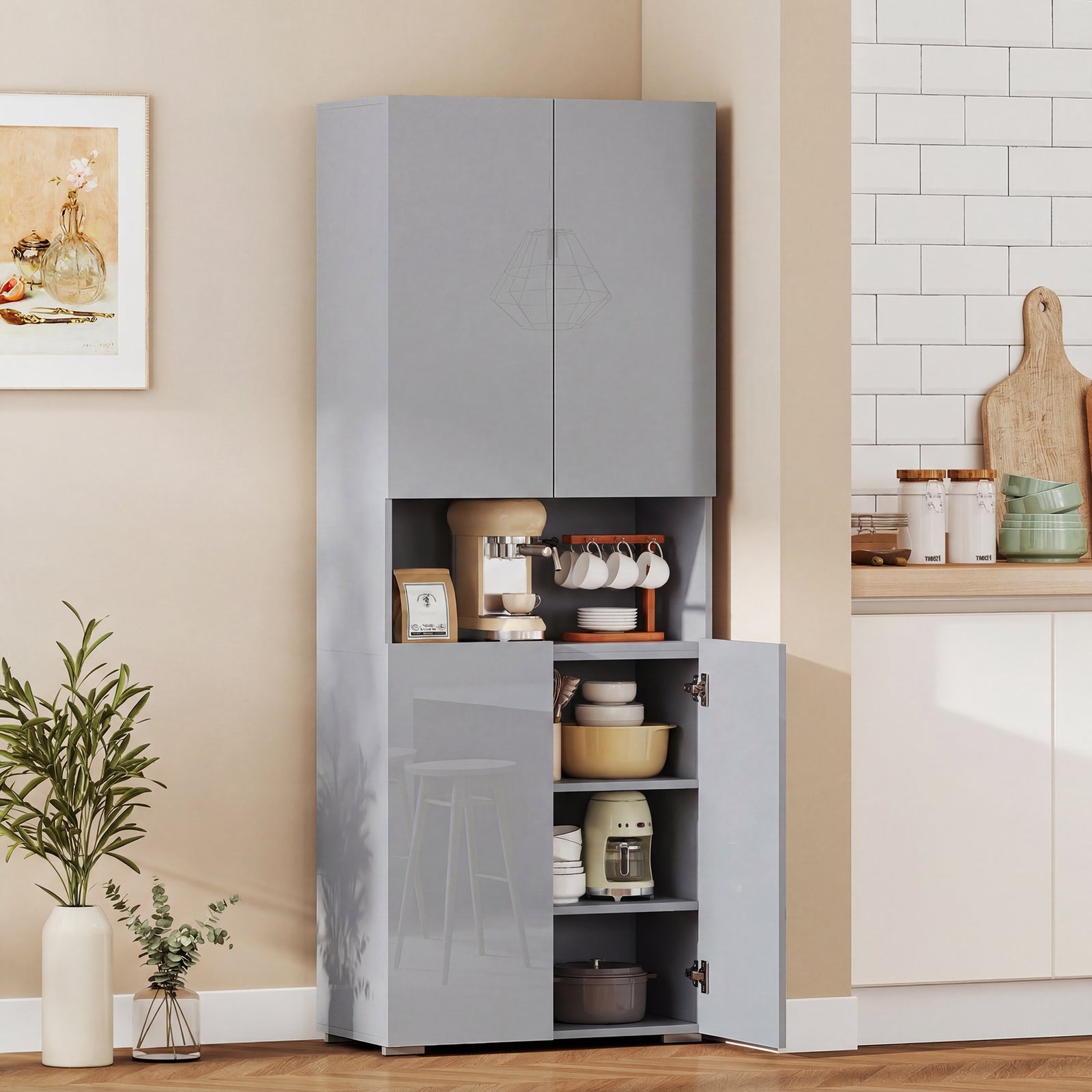 180cm Tall Kitchen Cupboard, Pantry Storage Cabinet, High Gloss | Grey