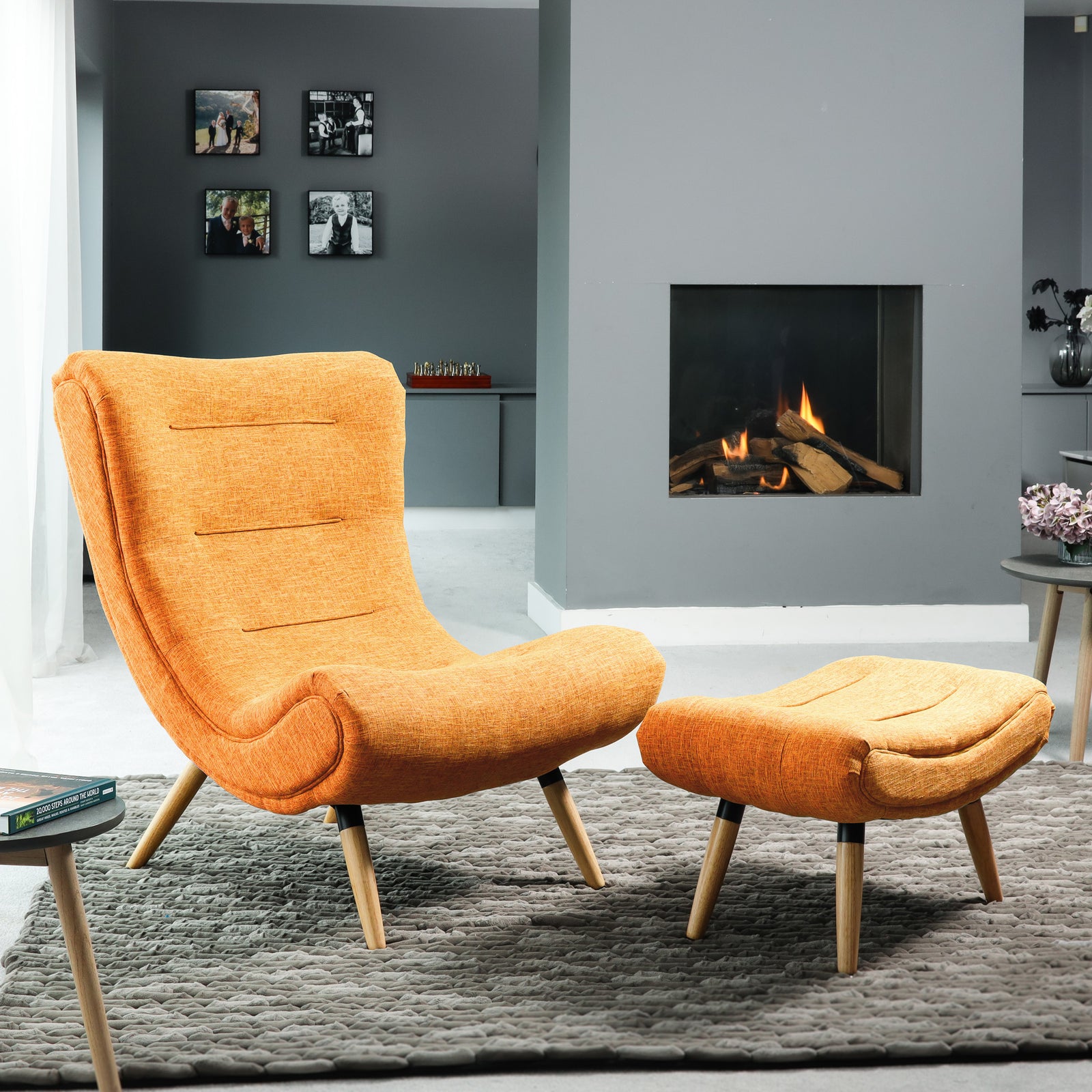 Madelia Textured Fabric Accent Chair And Stool And Footstool | Orange