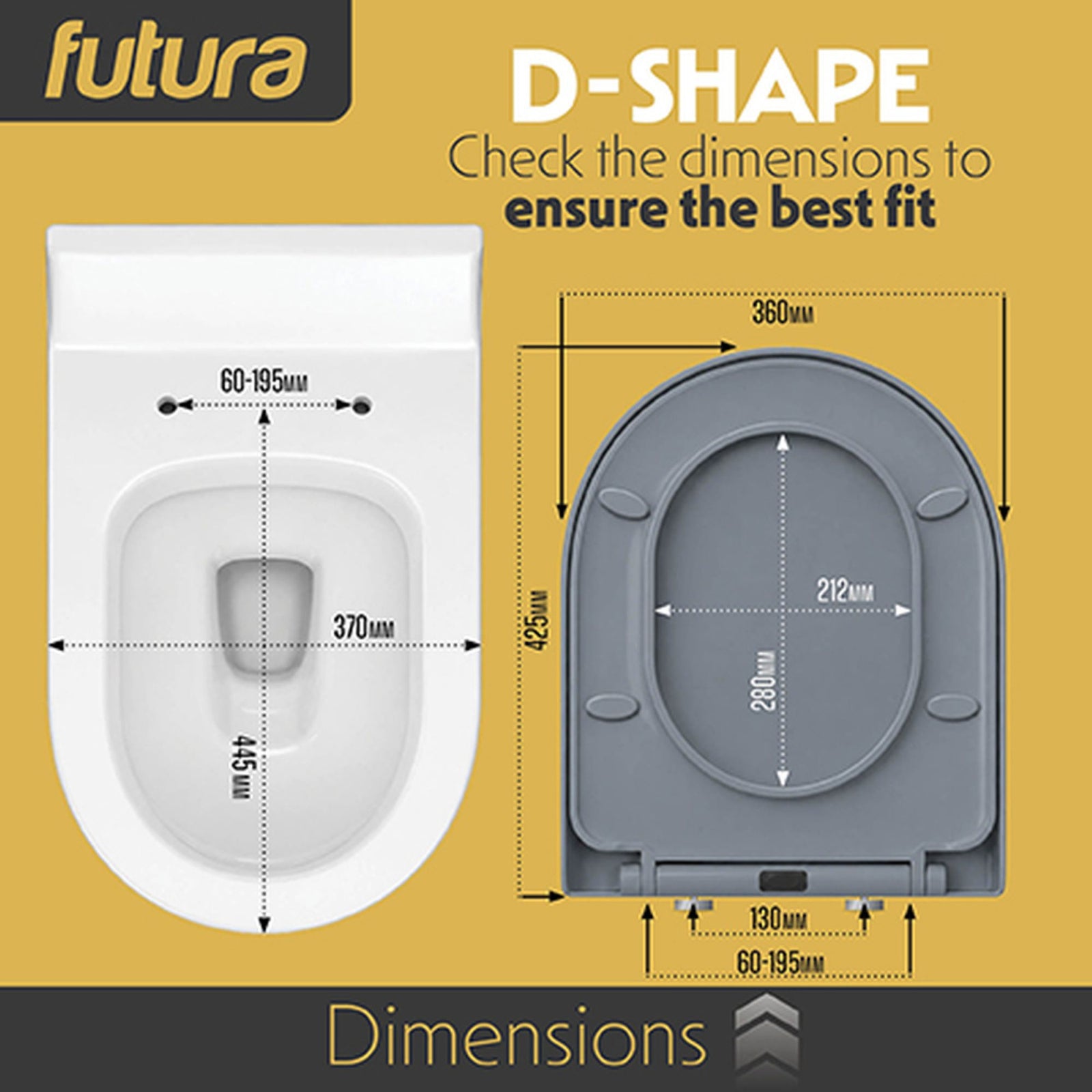 Toilet Seat Soft Close D Shape, Premium Thermoplastic, Quick Release, Top & Bottom Fixings | Grey