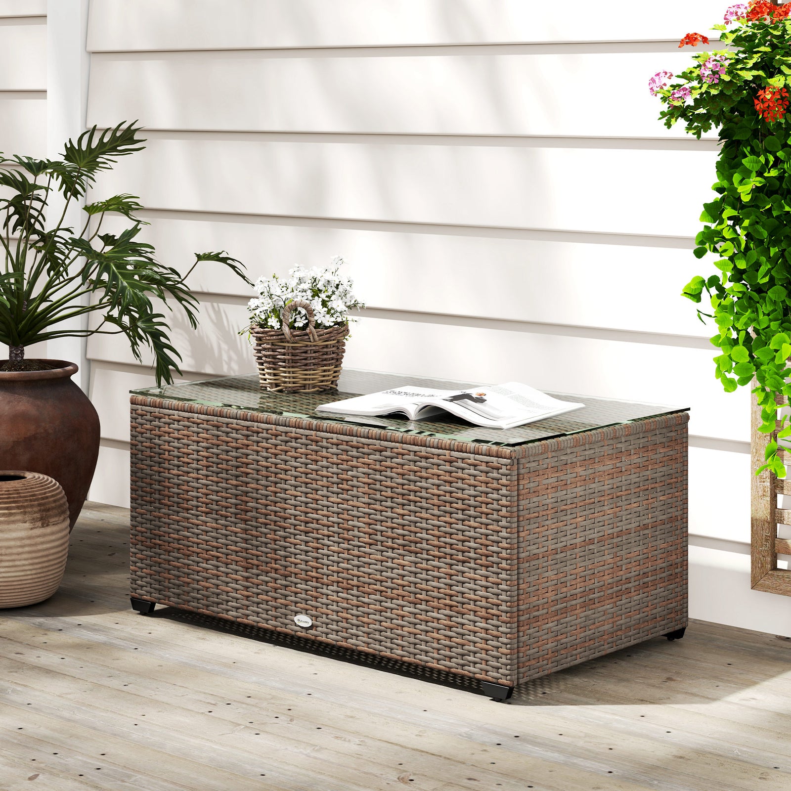 Outdoor Coffee Table, Glass Top Rattan Side Table | Brown