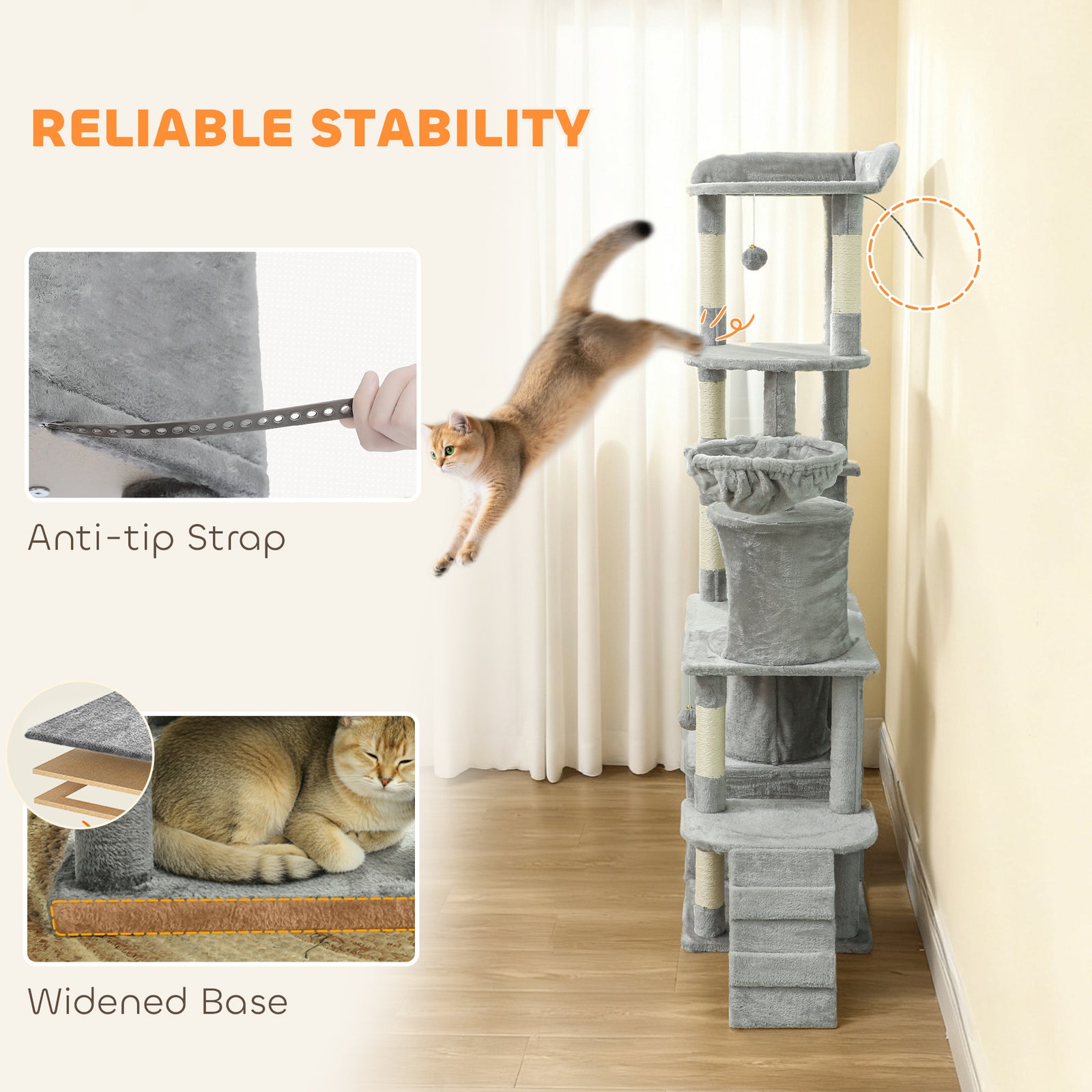 170 Cm Cat Tree, Large Cat Tower With 7 Scratching Posts, Light Grey