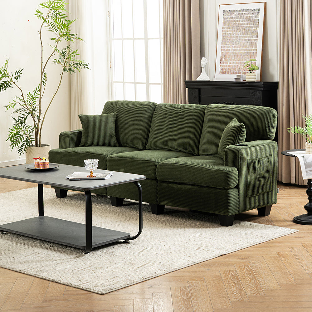 Corduroy 3-seater Couch For Living Room With Cup Holders, Wooden Frame, Soft Cushions, Modern Sofa | Green