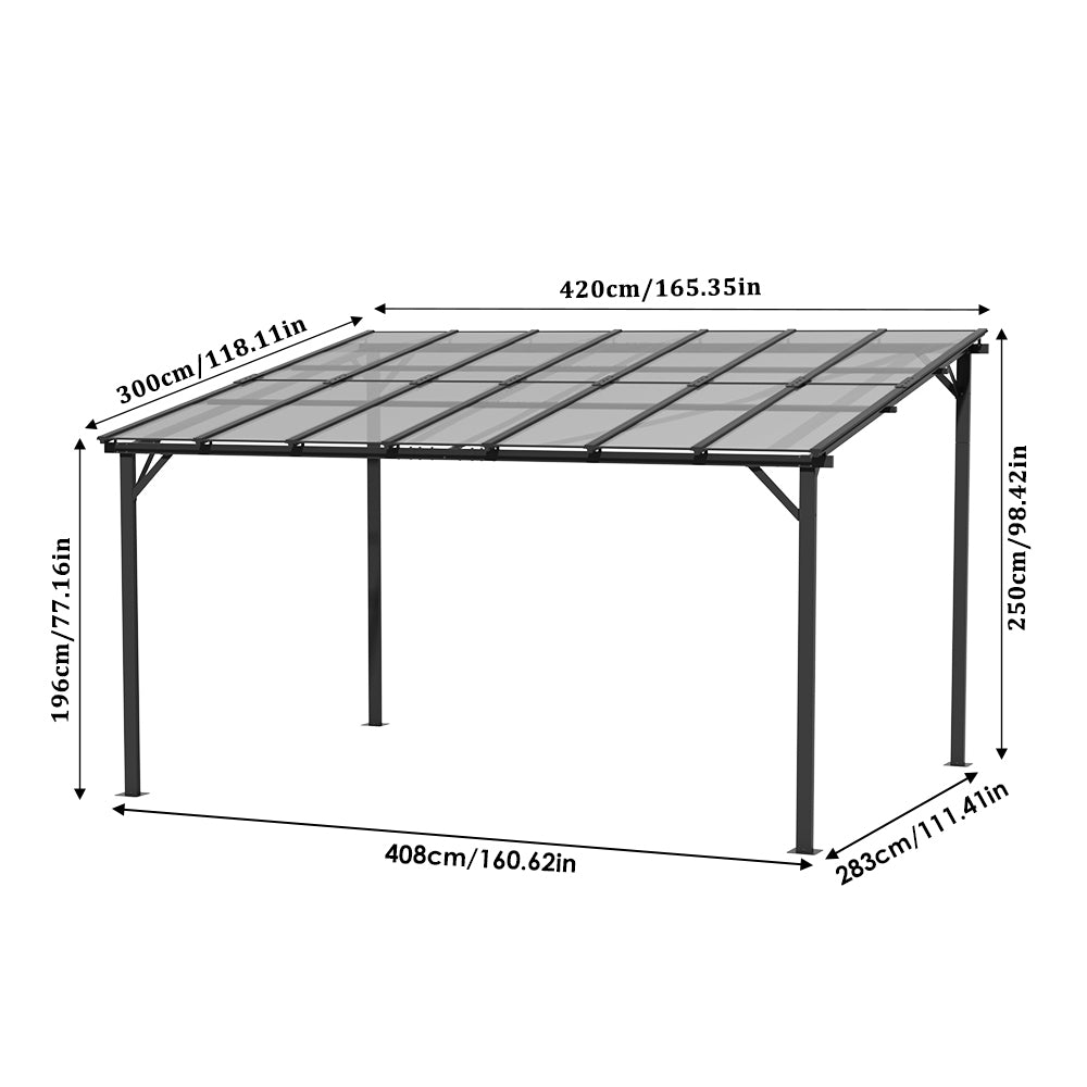 Outdoor Wall-mounted Gazebo Canopy With Polycarbonate Roof, Heavy Duty Patio Pergola Shelter, Uv Resistant Waterproof Sunshade | Large | Grey